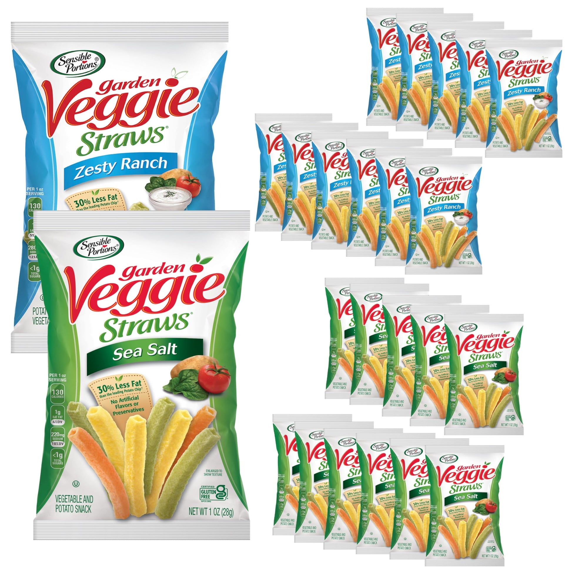 Sensible Portions Garden Veggie Straws, Snack Size Variety Pack, Sea Salt And Zesty Ranch, 1 Oz (Pack Of 24)