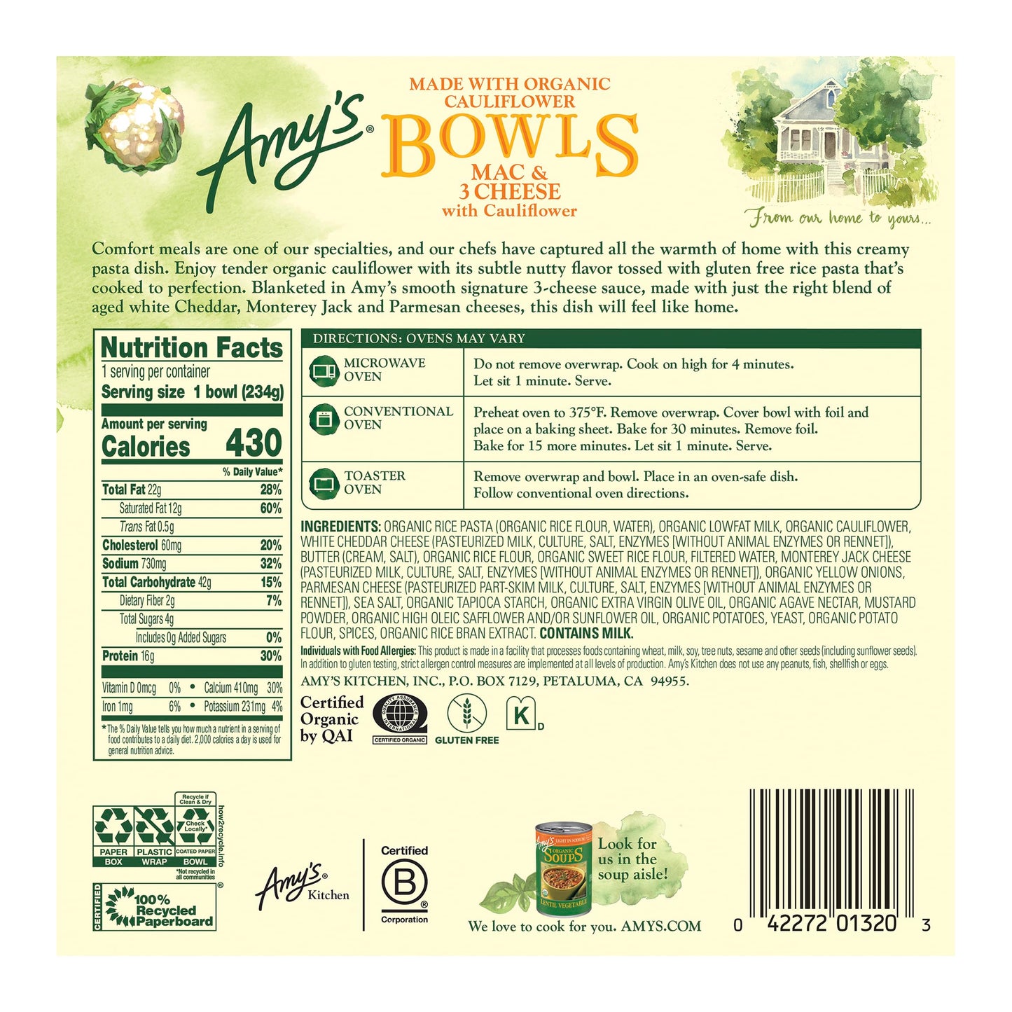 Amys Frozen Meals, Macaroni and 3 Cheese Pasta Bowl, Made With Organic Rice and Cauliflower, Gluten Free Microwave Meals, 8.25