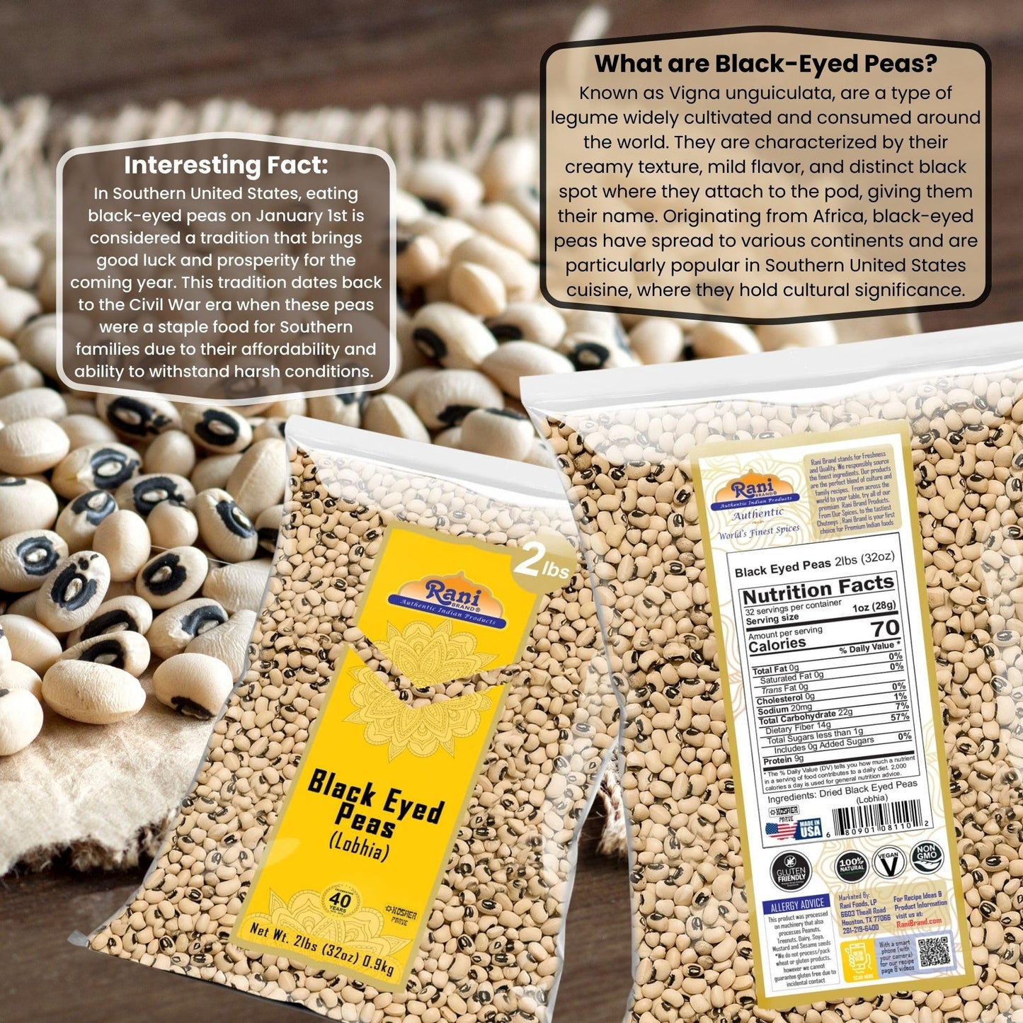 Rani Black Eyed Peas, Dried Cowpeas (Lobhia) 32Oz (2Lbs) 908G ~ All Natural | Vegan | Kosher | Gluten Friendly | Product Of Usa