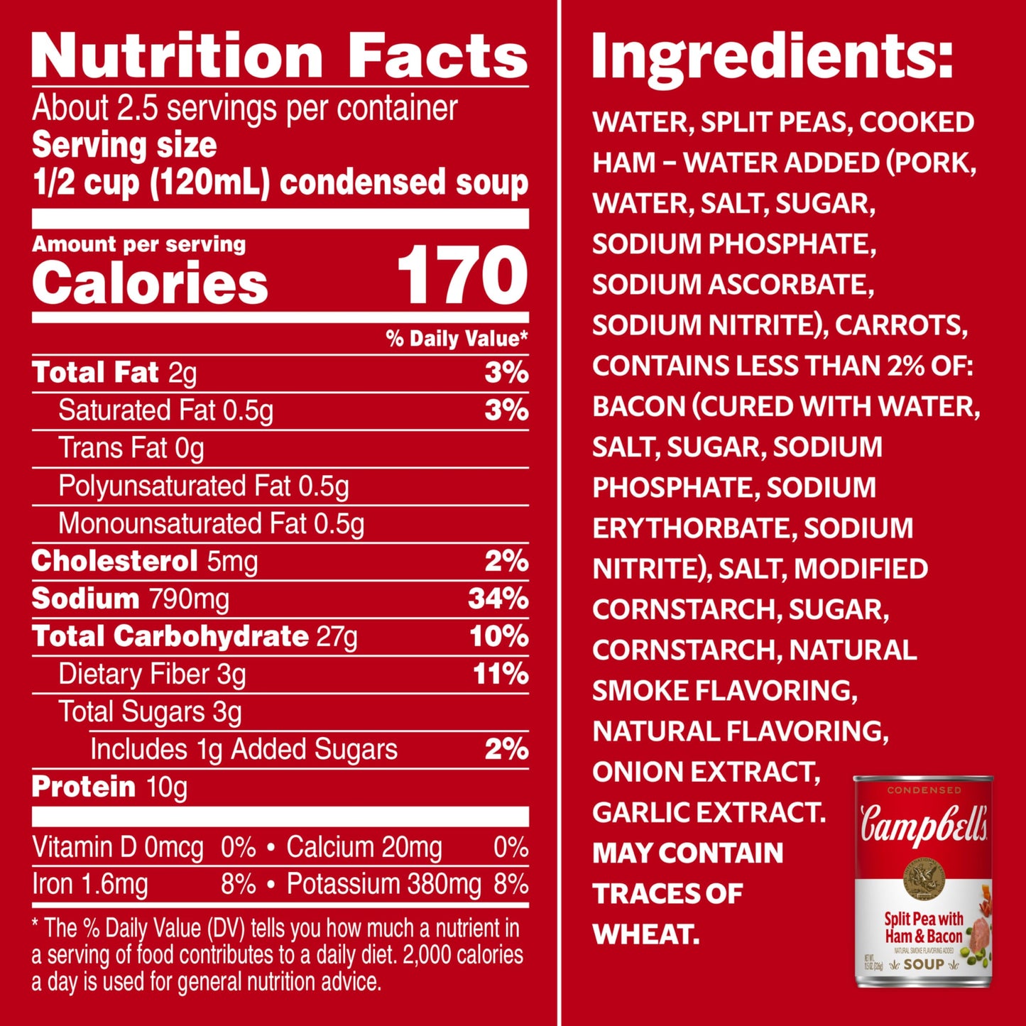 Campbells Condensed Split Pea Soup With Ham and Bacon, Natural Smoke Flavoring Added, 11.5 oz Can