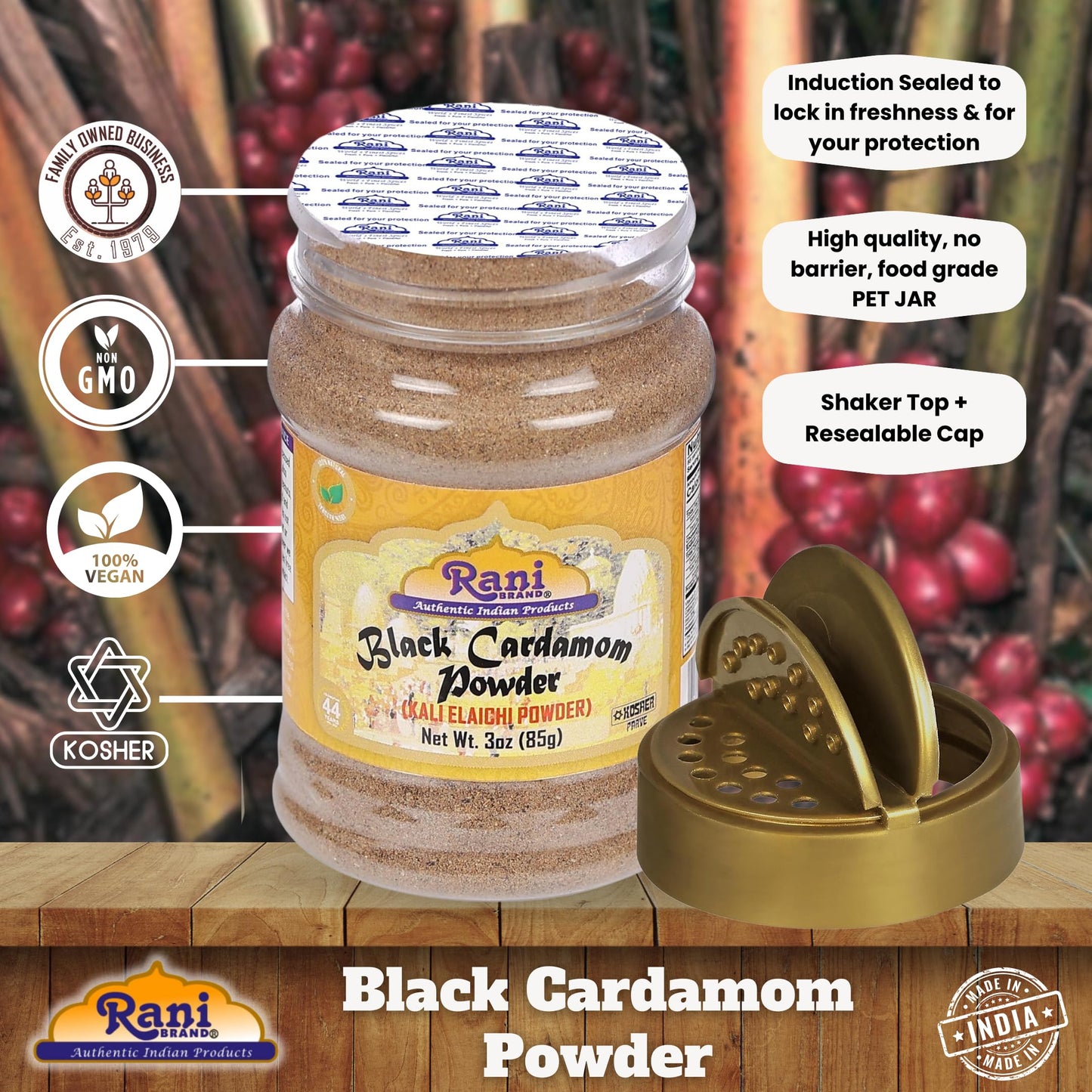 Rani Black Cardamom Powder, All Natural, Vegan, Gluten Friendly, 3oz (85g) PET Jar, Indian Spice