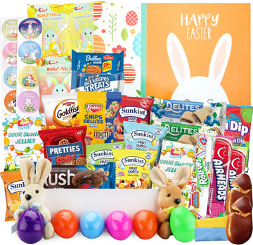 Easter Snack Yellow Box (42 Count) Filled with Snacks, Cookies, Peelable Gummies, Marshmallow Gummies, Bunny and More, Great Pac
