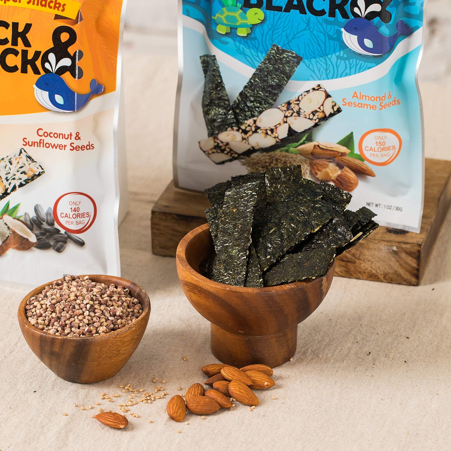 UNCLE NICK Korean Super Snacks - Black & Black Seaweed Snack with Almond and Sesame Seeds 1oz (Pack of 6)