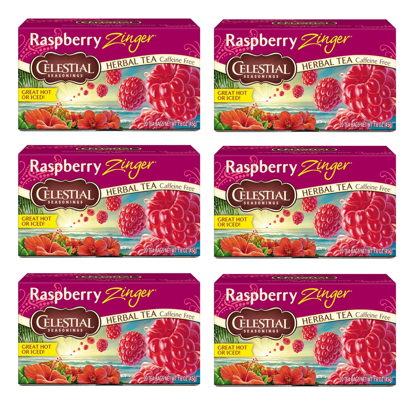 Celestial Seasonings Raspberry Zinger Herbal Tea  Energy Blend Free  20 Tea Bags Box  (Pack Of 6)