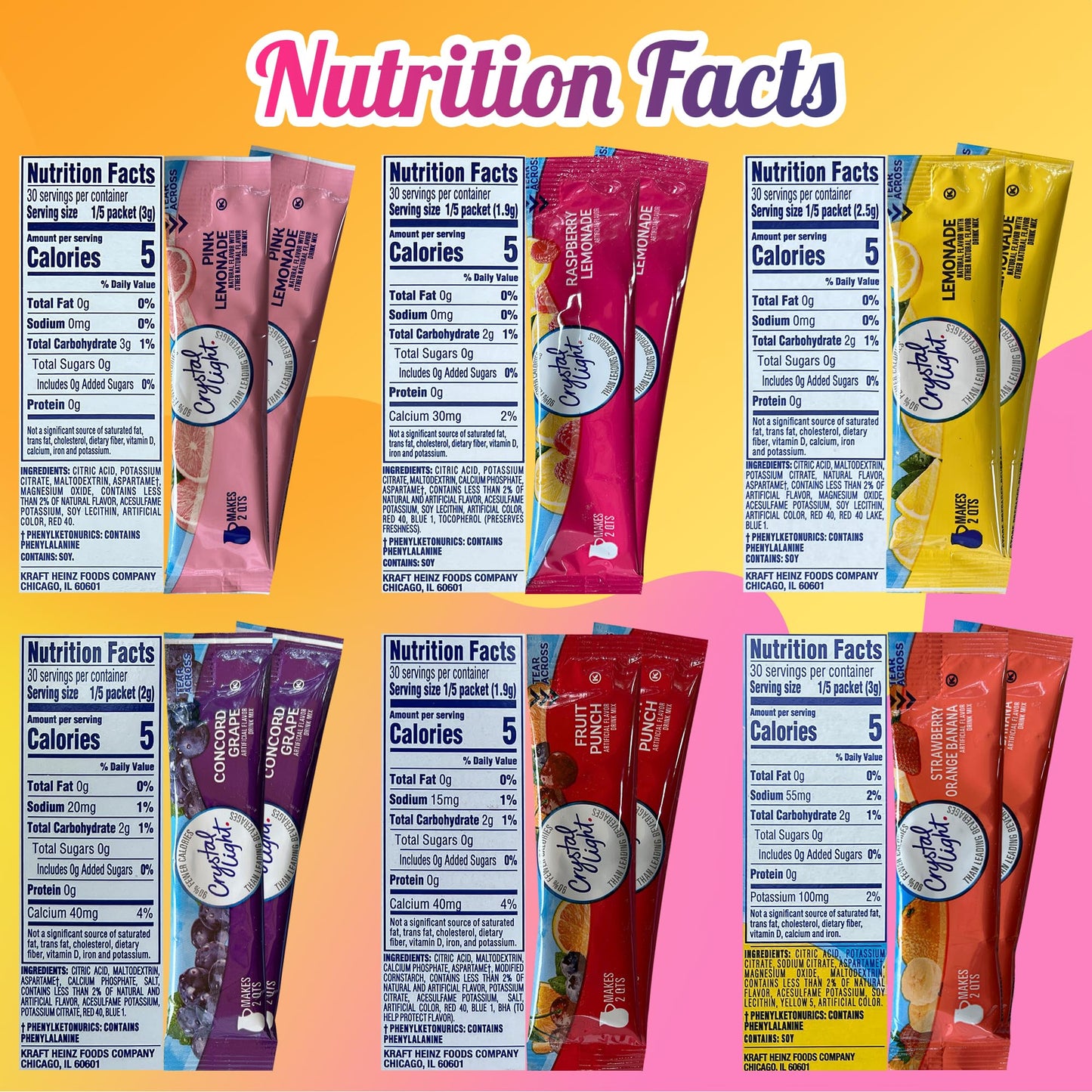 Crystal Light Pitcher Packets Drink Powder - 12 (2-quart) Sugar Free Drink Mix Variety Pack Includes Lemonade, Fruit Punch, Grap