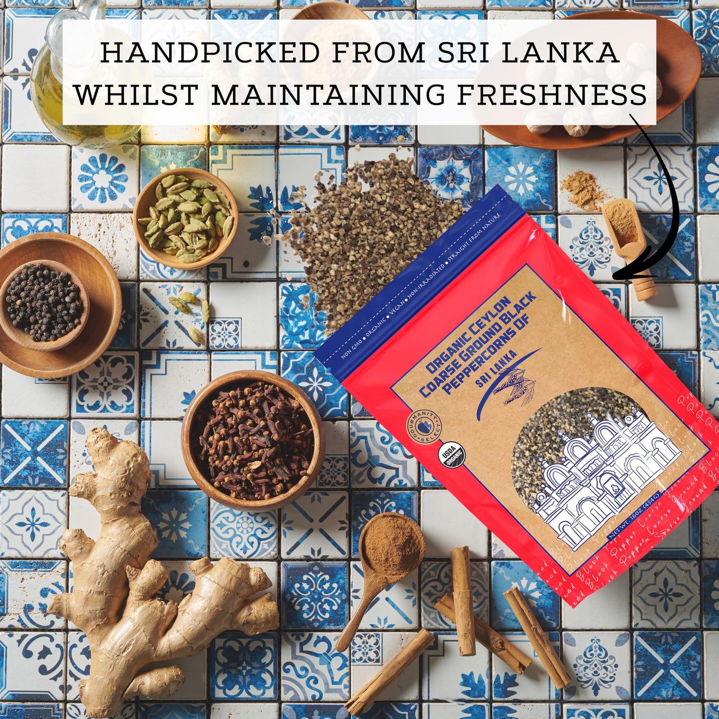 Gourmanity Select Organic Coarse Ground Black Pepper, Ceylon Black Ground Pepper Spice, Ideal for Seasoning and Gourmet Cooking,