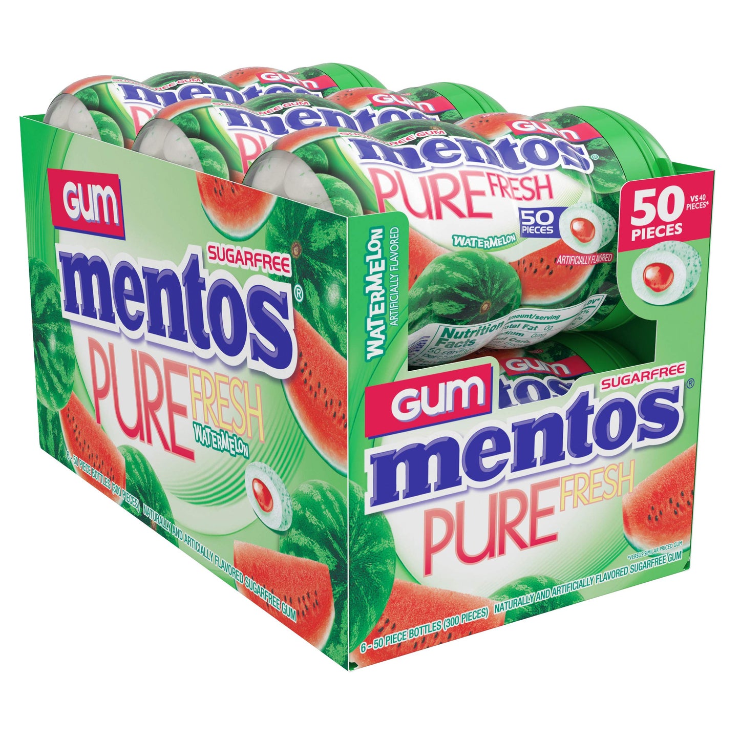 Mentos Pure Fresh Sugar-Free Chewing Gum with Xylitol, Watermelon, Holiday Candy, Bulk, 50 Piece Bottle (Pack of 6)