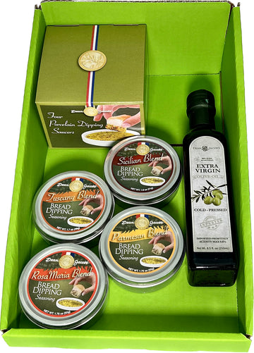 Dean Jacob's 9 pc. Collection with 4 Bread Dipping Tins, Saucers & Cold Pressed Olive Oil