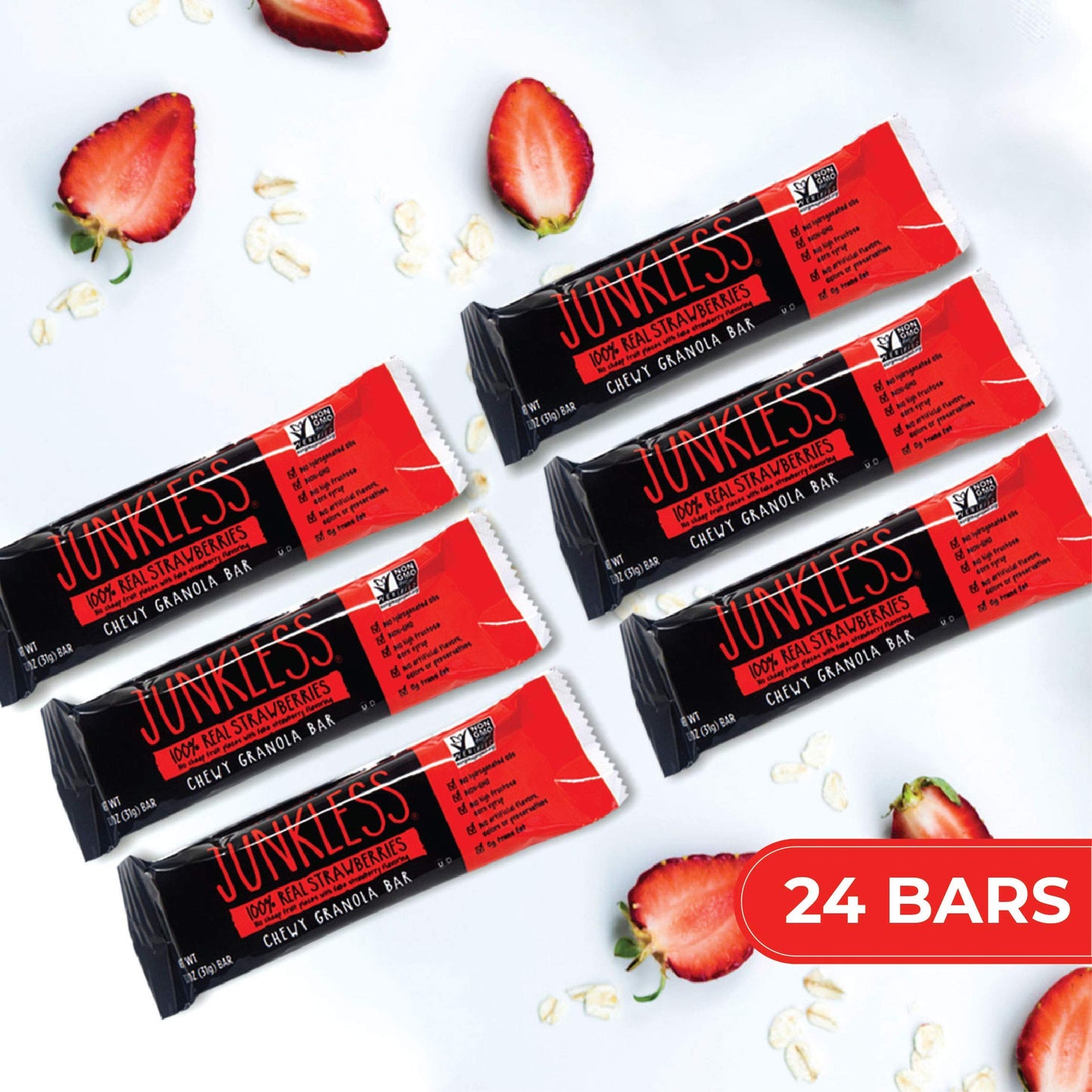 Junkless Strawberry Chewy Granola Bars - 100% Real Strawberries - Less Sugar, Great Tasting, Wholesome Snacks - Bulk Granola Bar
