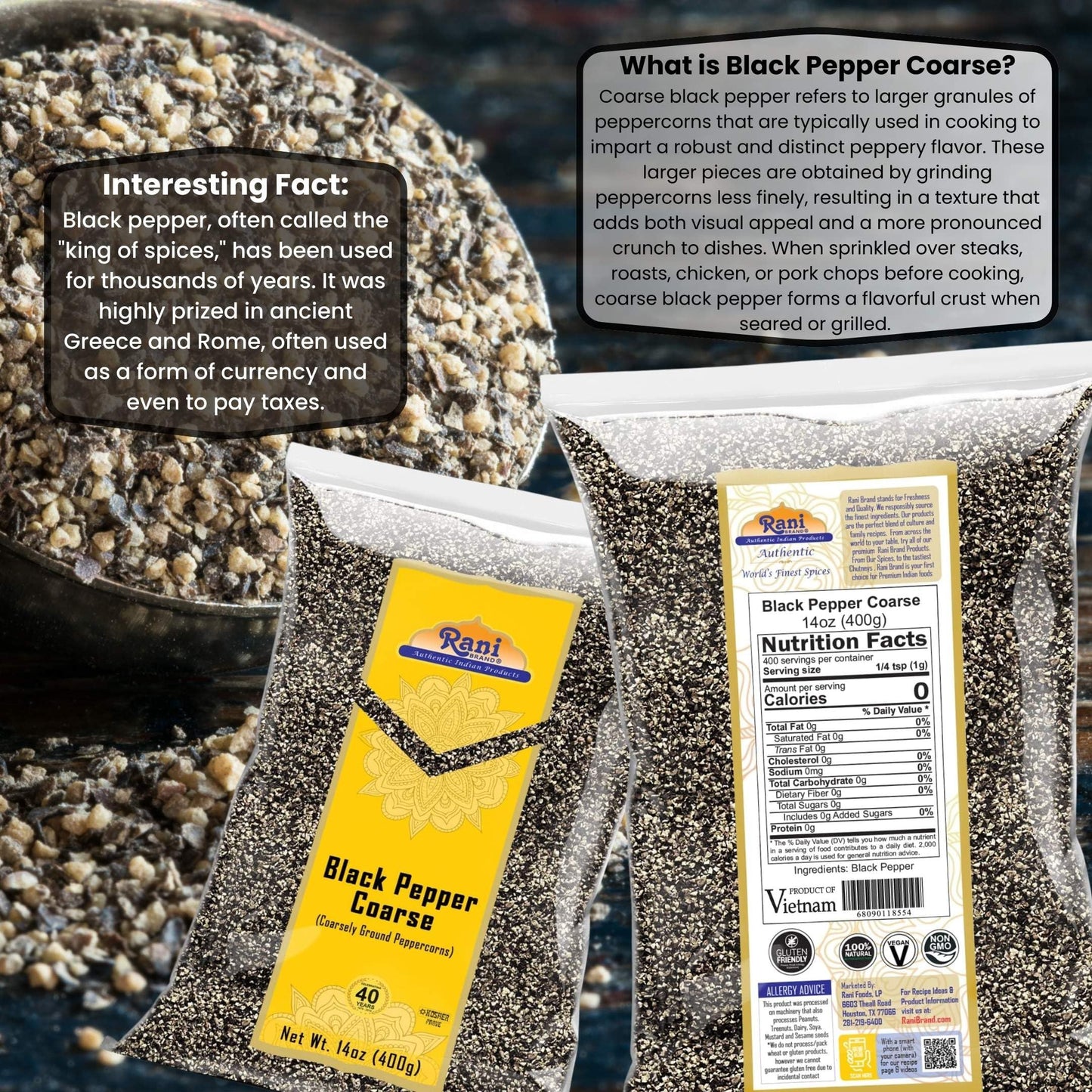 Rani Black Pepper Coarse Ground 28 Mesh (Table Grind) 14Oz (400G) ~ All Natural | Vegan | Gluten Friendly | Non-Gmo | Kosher | P