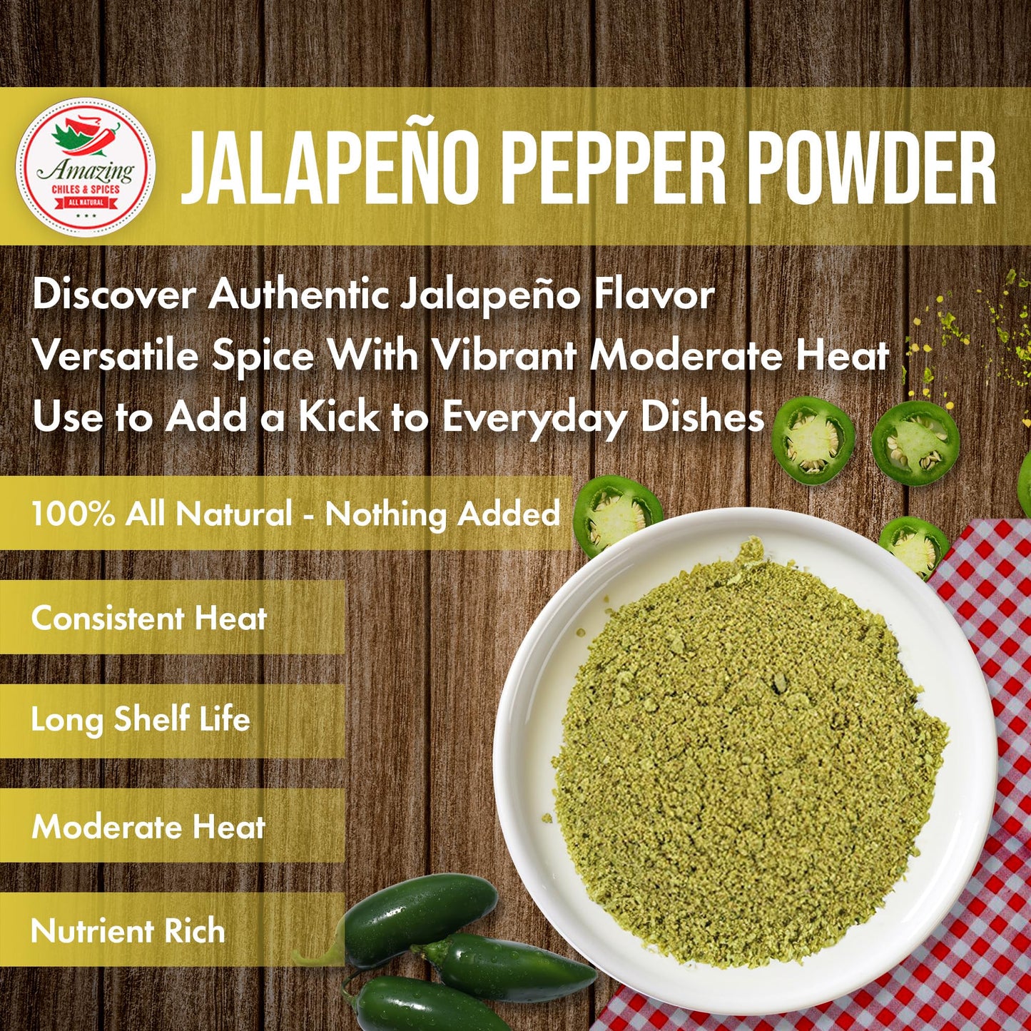 Jalapeno Powder Seasoning 8Oz - Natural And Premium. Great For Chili, Salsa, Spice Blends, Stews, Tacos, Corn Bread. Medium To H