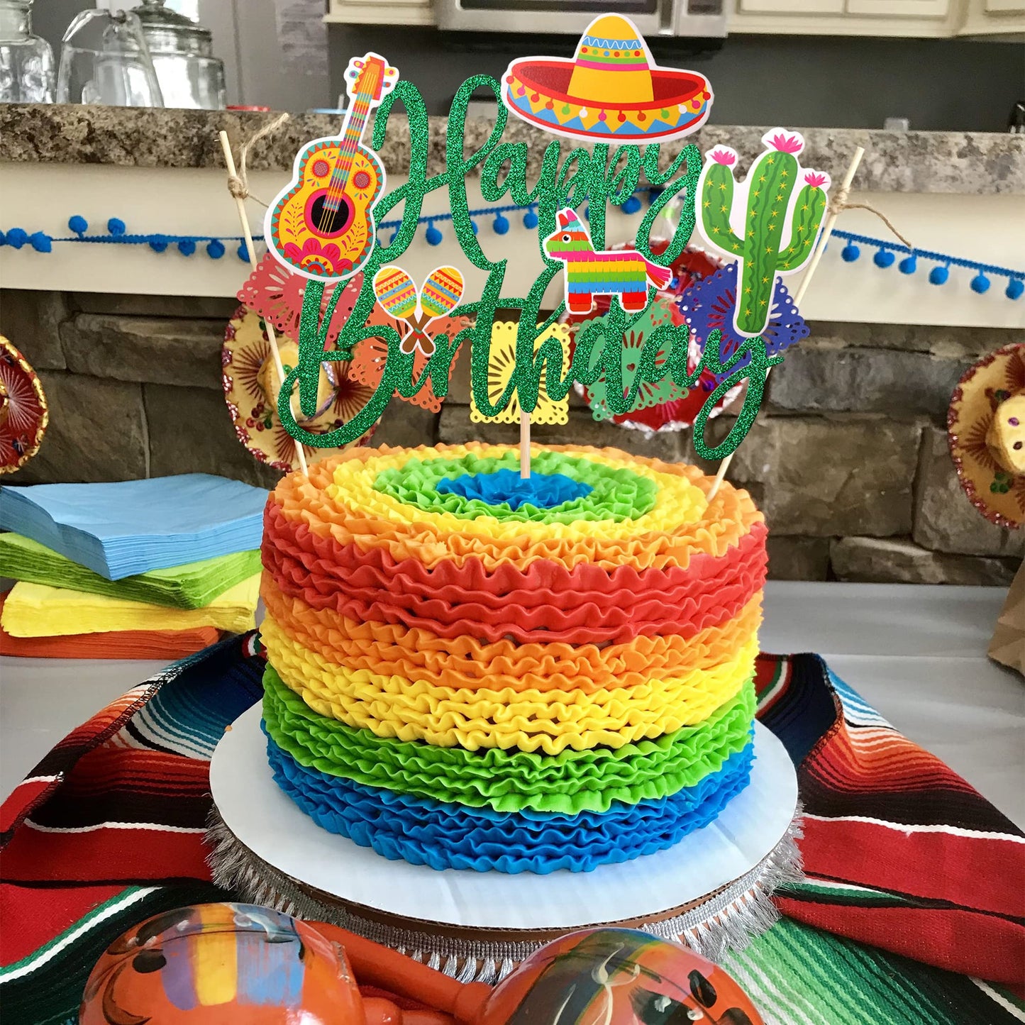 1 Pcs Mexican Fiesta Happy Birthday Cake Topper Glitter Cactus Donkey Maraca Sombrero Guitar Cake Pick For Mexican Fiesta Theme