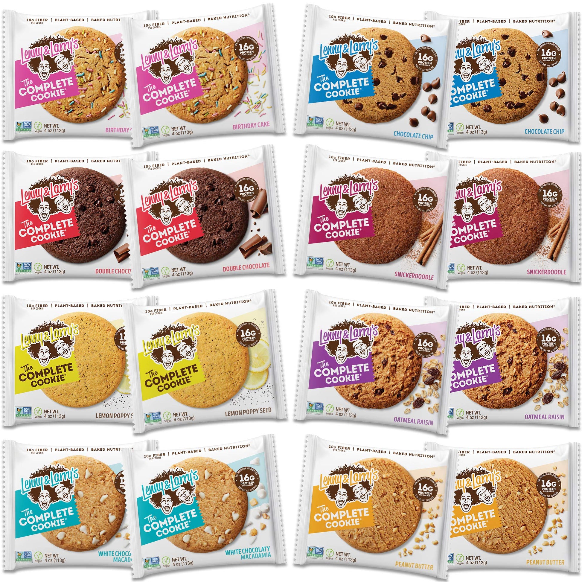 Lenny & Larrys The Complete Cookie, 8 Flavor Variety Pack, Soft Baked, 16g Plant Protein, Vegan, Non-GMO, 4 Ounce Cookie (Pack 