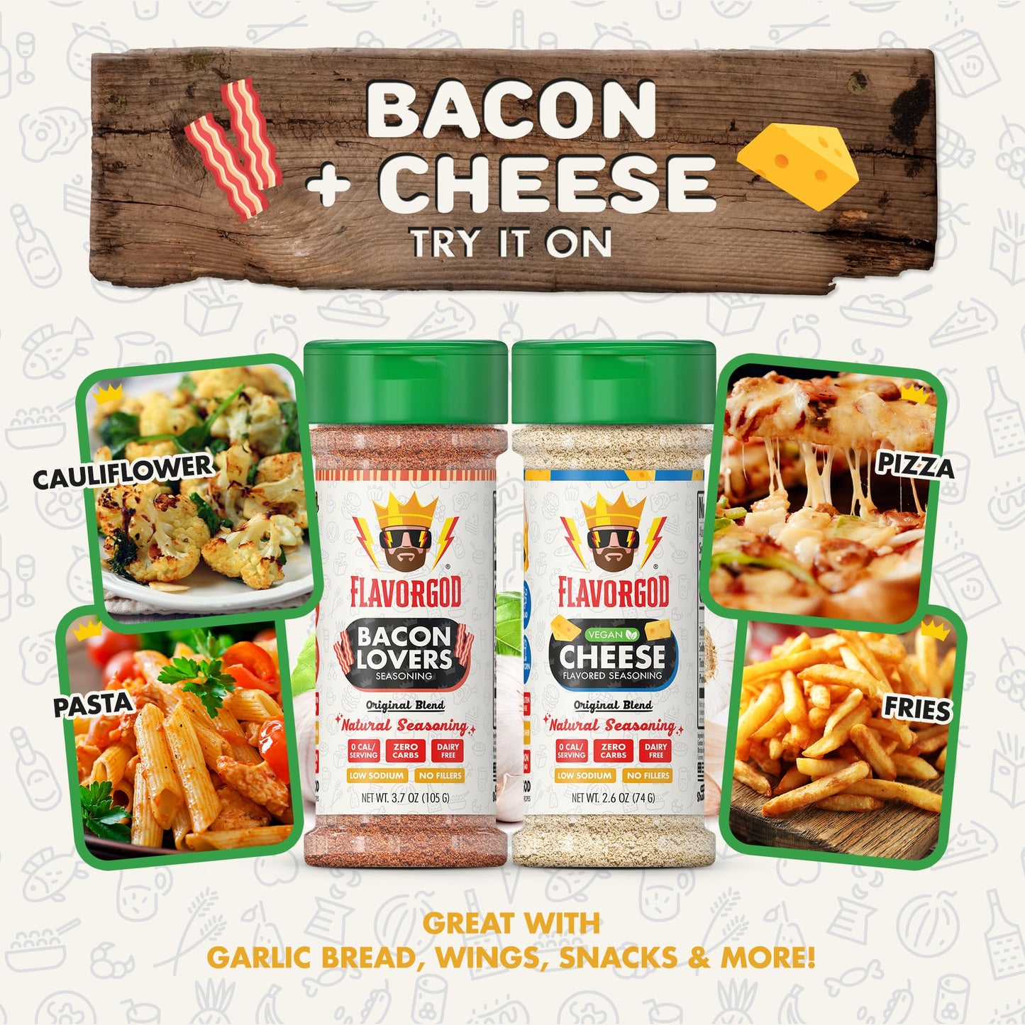 Flavor God Bacon and Cheese Spices Combo Pack of 2 - All Natural Seasoning Gift Set