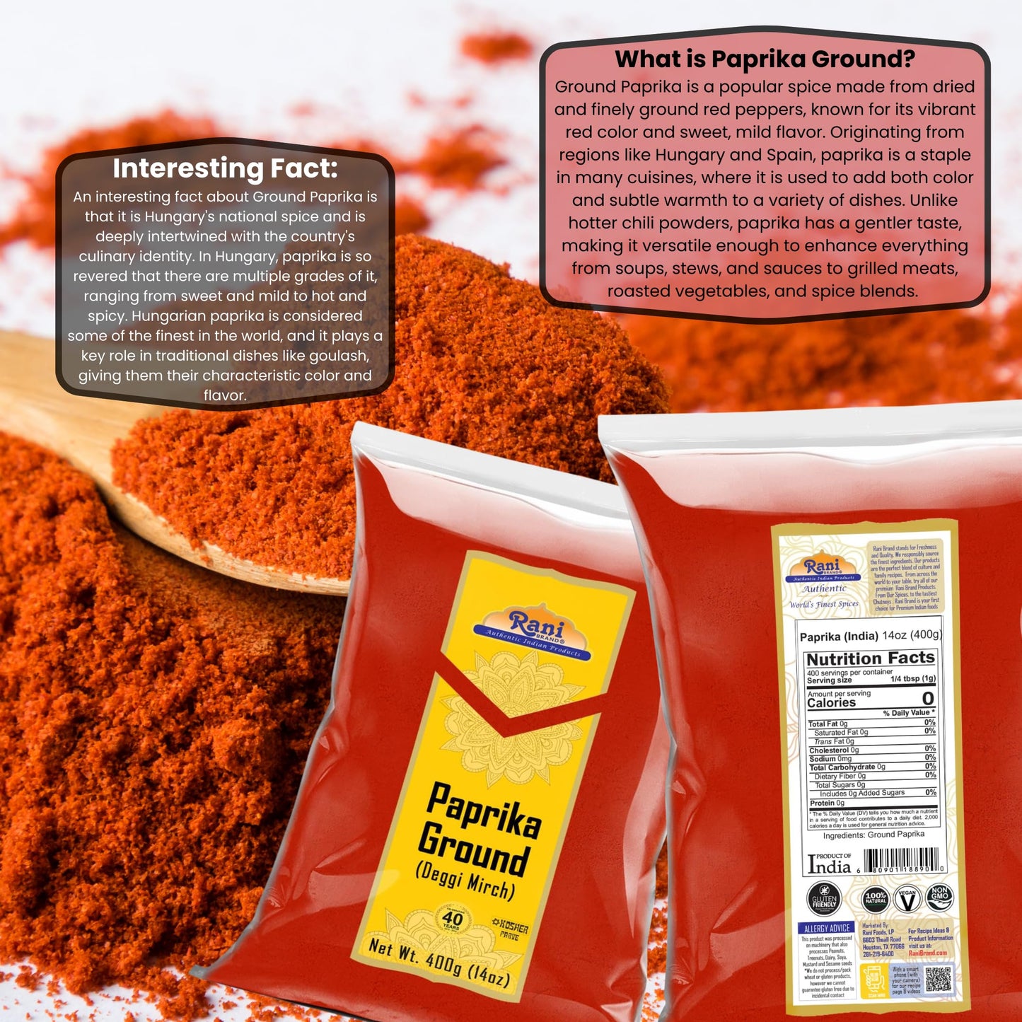 Rani Paprika (Deggi Mirch, Low Heat) Spice Powder, Ground 14Oz (400G) ~ All Natural, Salt-Free | Vegan | No Colors | Gluten Frie