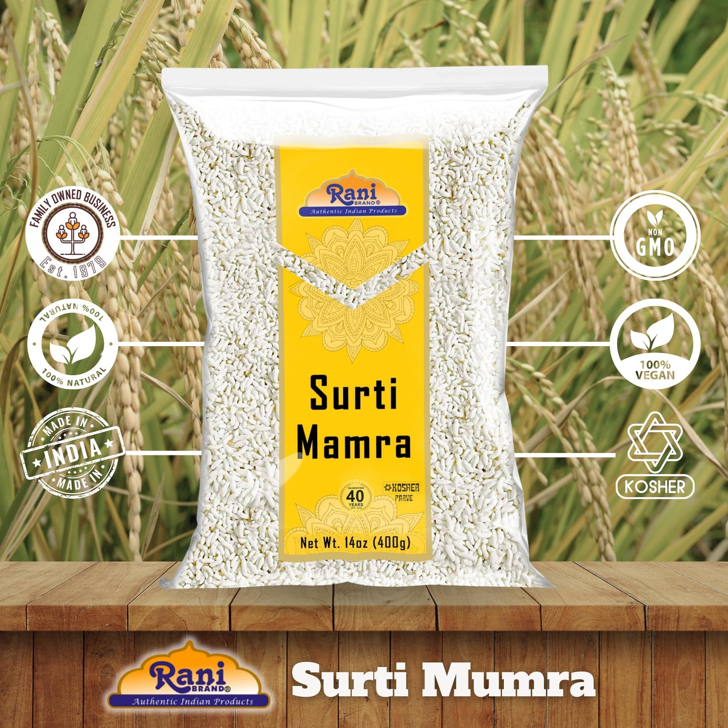 Rani Surti (Surati) Mumra (Puffed Rice) 14oz (400g) ~ All Natural | No Color | Gluten Friendly | Vegan | NON-GMO | Kosher | No S