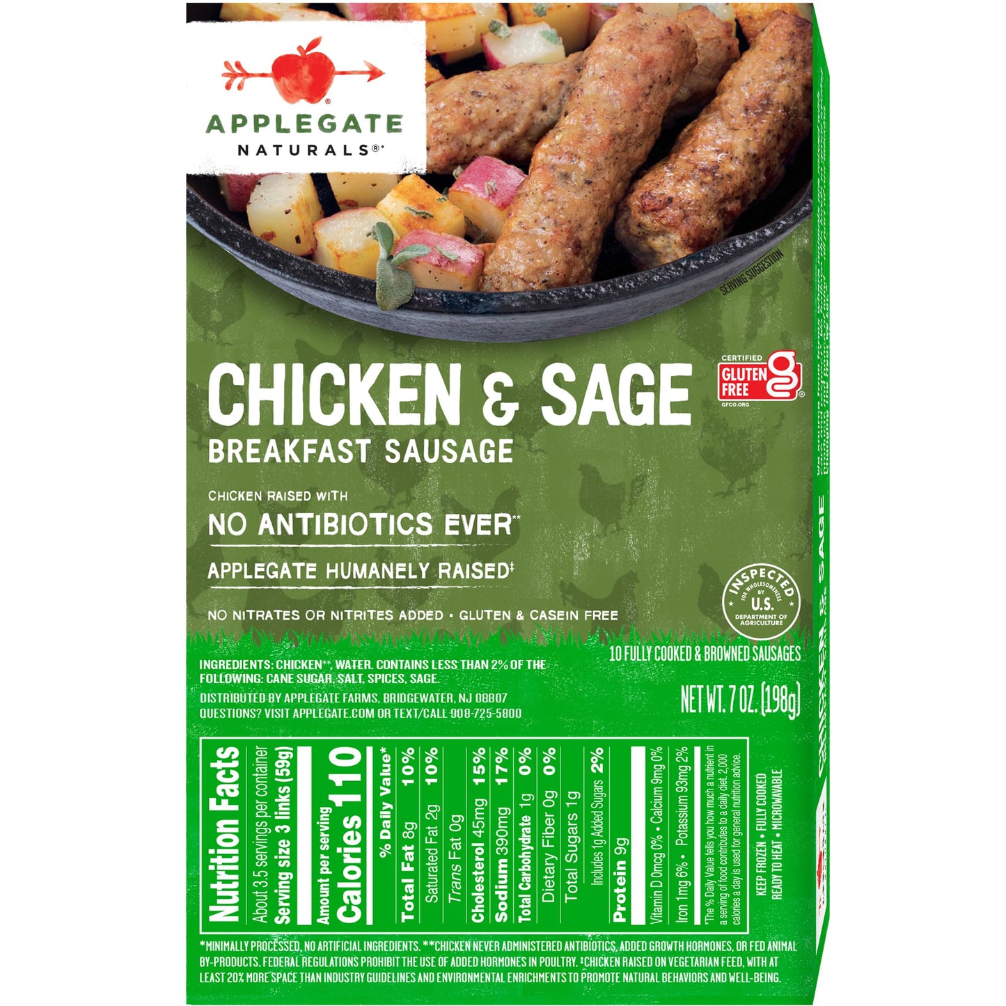 Applegate Farms, Chicken Sausage Link Breakfast Sage Frozen, 7 Ounce