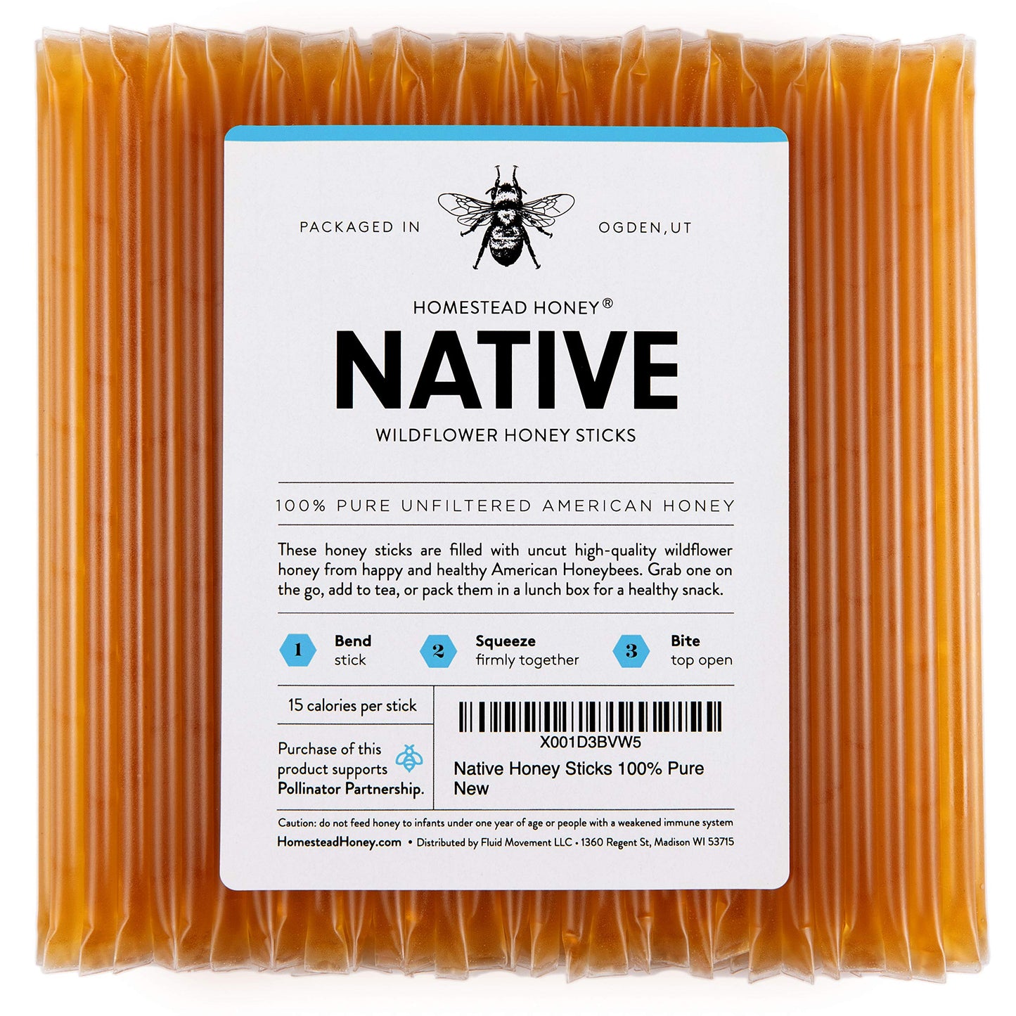 Fluid Movement 100-Count Native Honey Sticks - Individually Wrapped for Tea, Snacks, Stirring Bliss, Featuring Pure Clover Raw H