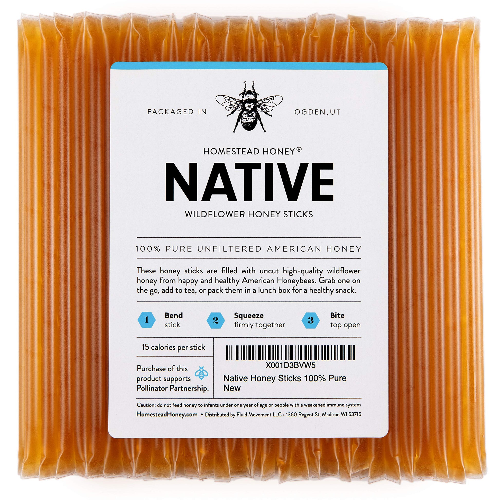 Fluid Movement 100-Count Native Honey Sticks - Individually Wrapped for Tea, Snacks, Stirring Bliss, Featuring Pure Clover Raw H