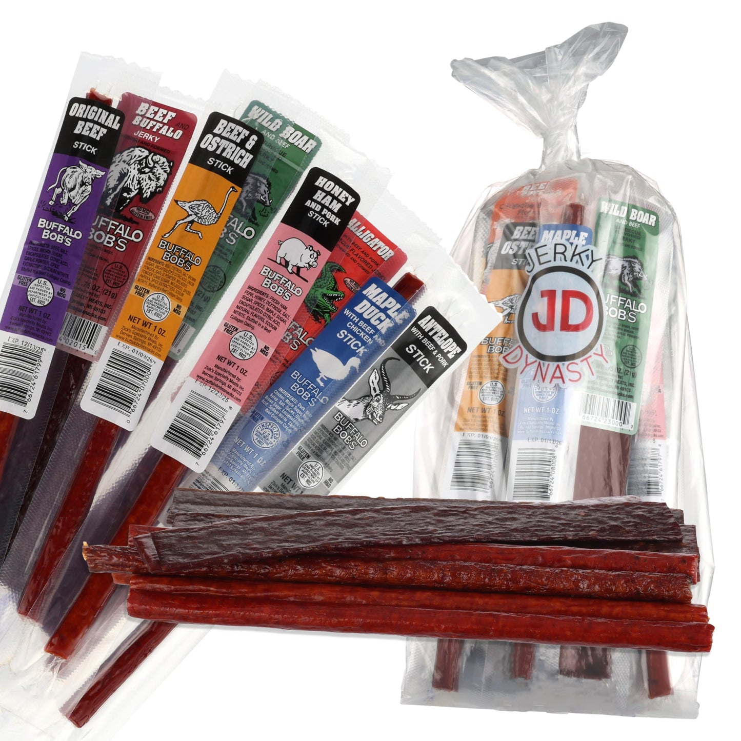Jerky Dynasty The Ultimate 27-Piece Exotic Jerky Gift Set - Buffalo Bob's Wild Game Jerky Variety Pack - Exclusive Flavors, Grea
