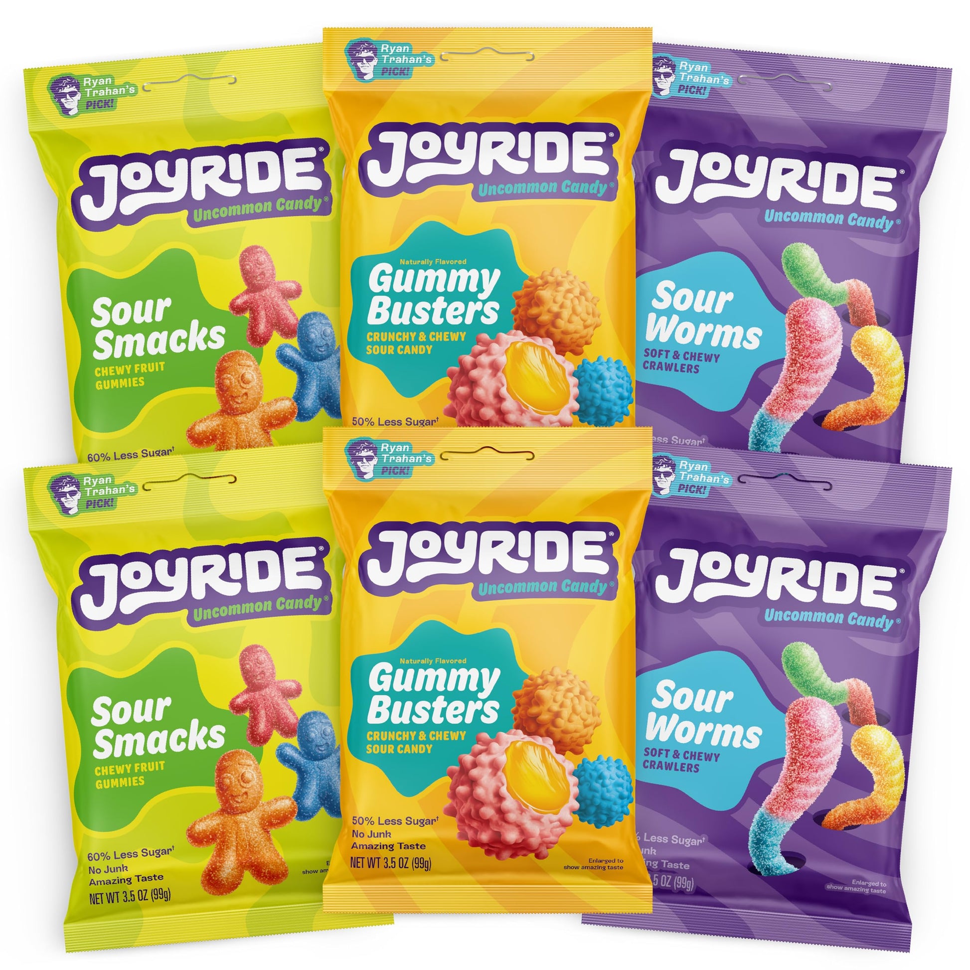 JOYRIDE Innovative Variety 6 Pack - Gummy Busters, Sour Smacks, Sour Worms, Low Calorie Gummy Candy, Low Sugar, Dye Free (6 Item