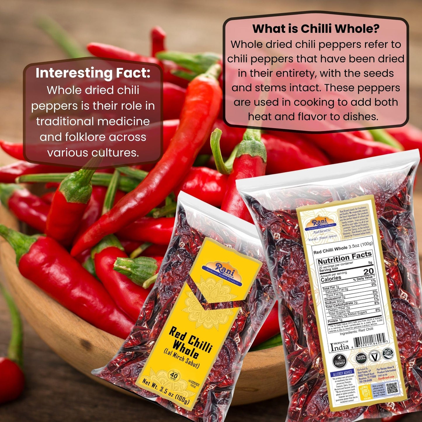 Rani Chilli Whole 3.5Oz (100G) ~ All Natural | Vegan | No Colors | Gluten Friendly | Non-Gmo