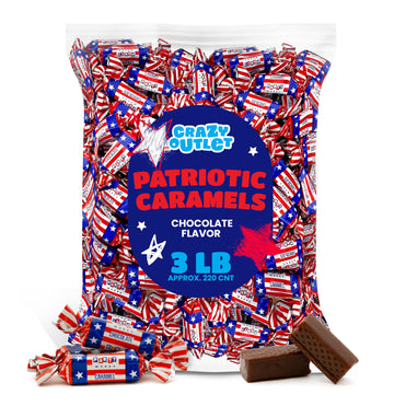 Patriotic Candy - 3 Pound Bulk Pack (About 220 Count) - Chocolate Flavored Caramels - Usa Flag Colors Taffies - Independence Day Chews