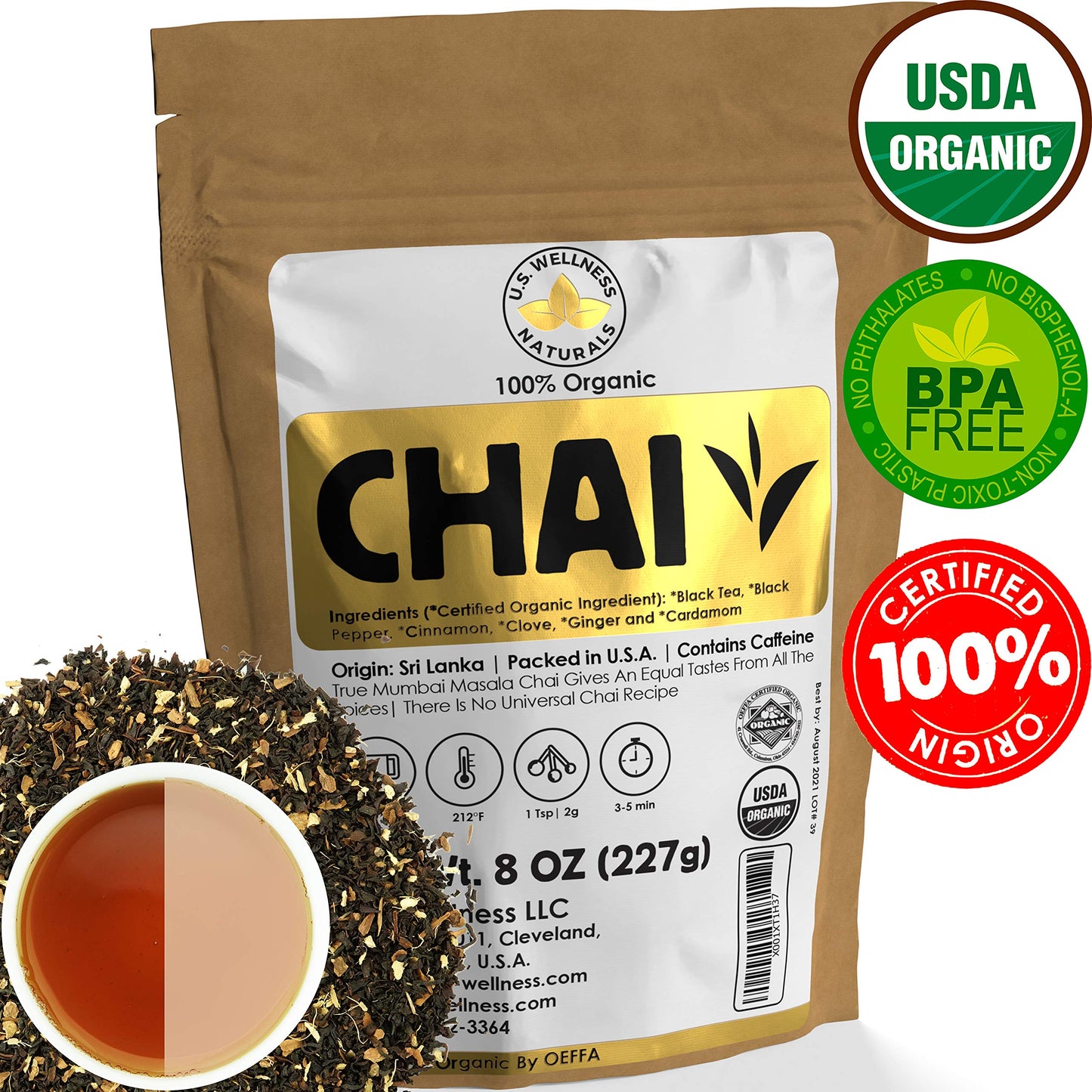 Classic Chai Tea Loose Leaf | Ceylon (110+ Cups) | 100% Certified Organic Chai Ingredients| Black Tea, Cinnamon, Cardamom, Cloves & Black Pepper | Brews Chai Latte | Ancient Indian House Recipe | 8Oz