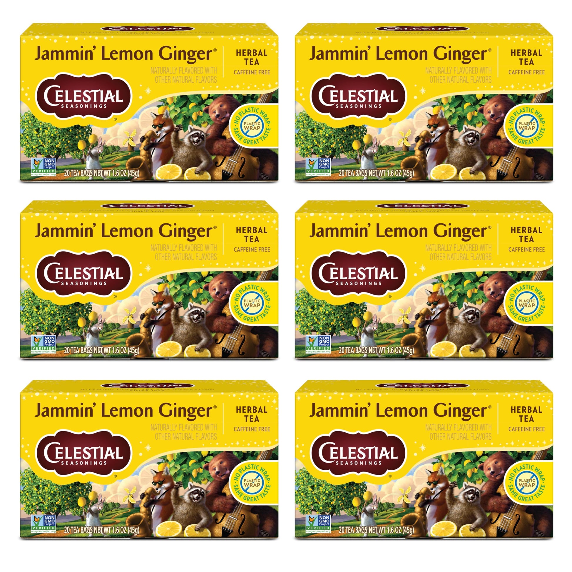Celestial Seasonings Jammin Lemon Ginger Herbal Tea, Caffeine Free, 20 Count (Pack of 6)