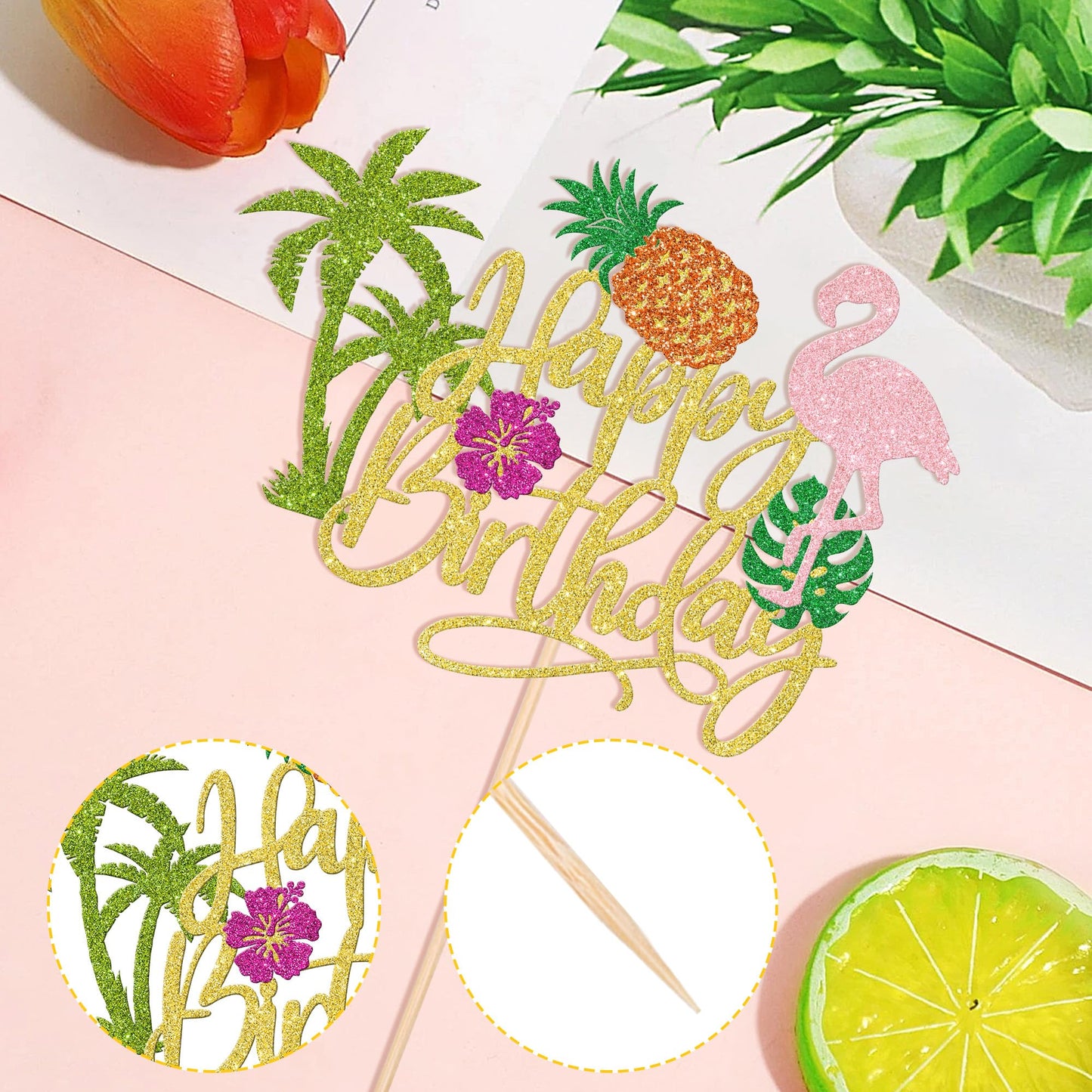1 Pcs Tropical Luau Happy Birthday Cake Topper Glitter Flower Flamingo Turtle Leaf Pineapple Palm Tree Cake Pick For Summer Beac