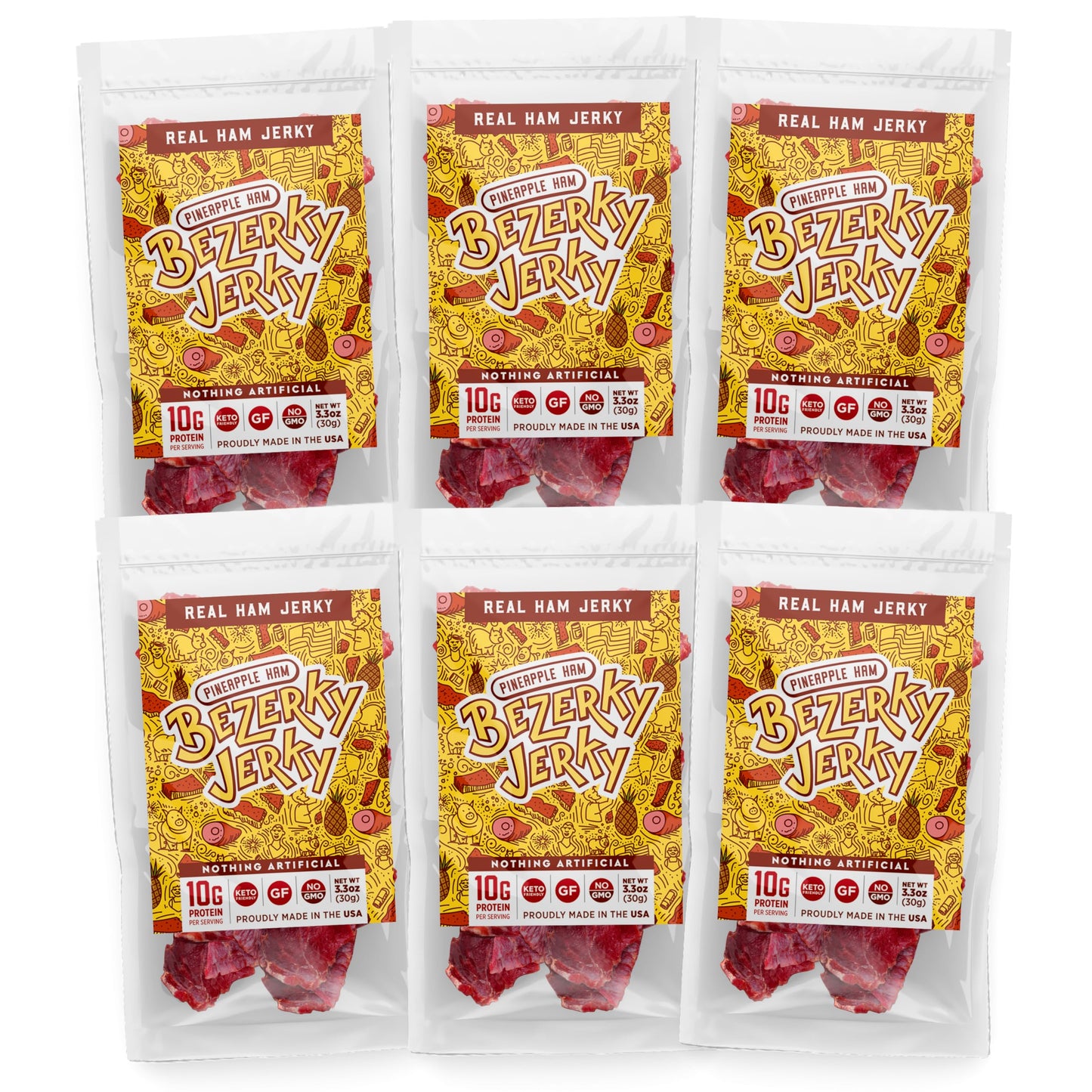 Bezerky Jerky Authentic American Ham, Keto-Friendly High Protein Snack, 3.3 Oz (Pack of 6)