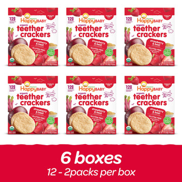 Happy Baby Organics Baby Snacks, Gentle Teething Crackers, Gluten Free & Vegan, Strawberry & Beet, 12 Count (Pack Of 6)
