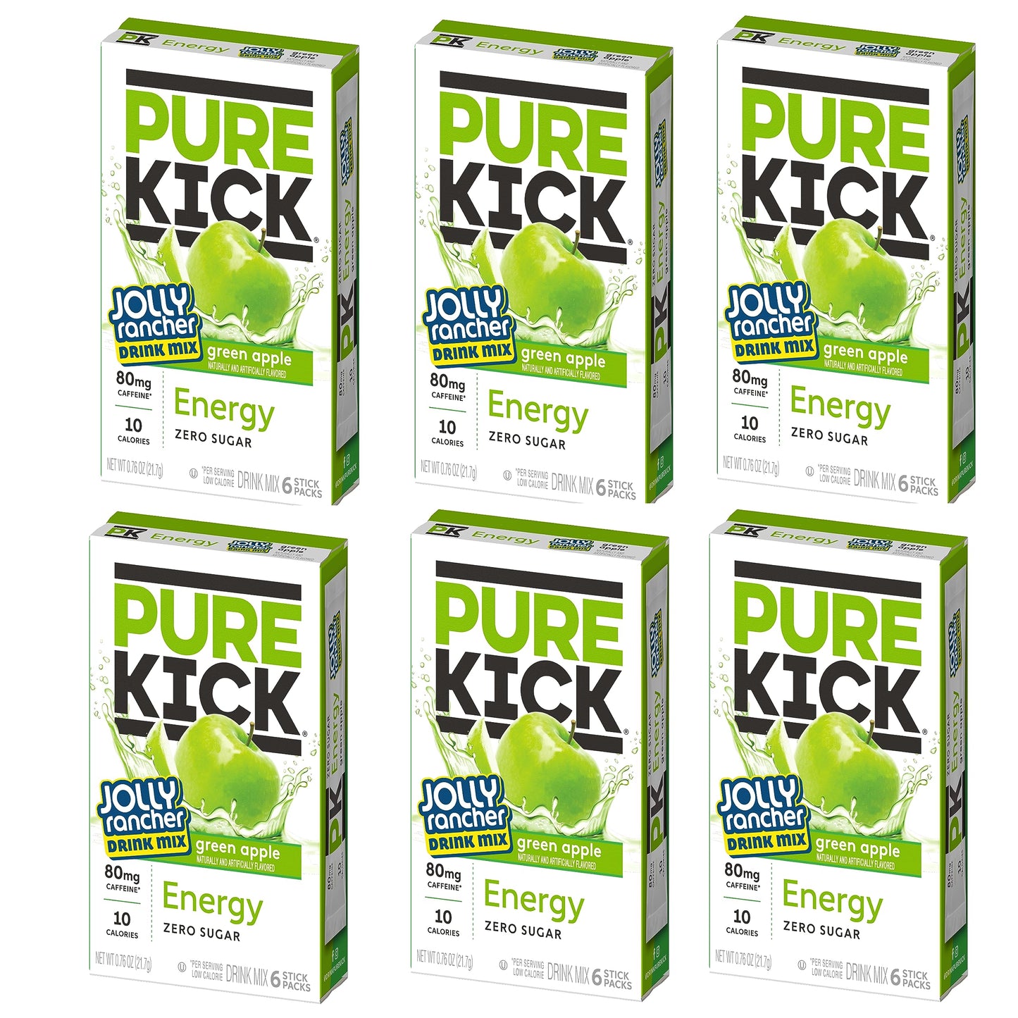 The Jel Sert Company Pure Kick Singles To Go Energy Drink Mix, Jolly Rancher Green Apple, 6 Sticks per Box, 0.76 Ounce (Pack of 6)