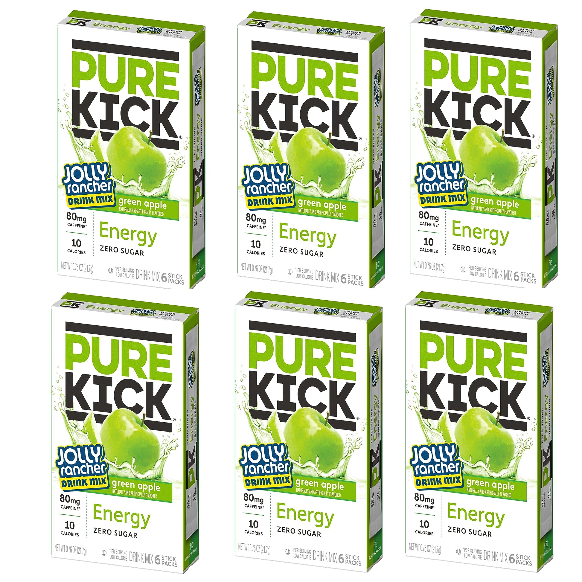 The Jel Sert Company Pure Kick Singles To Go Energy Drink Mix, Jolly Rancher Green Apple, 6 Sticks per Box, 0.76 Ounce (Pack of 6)