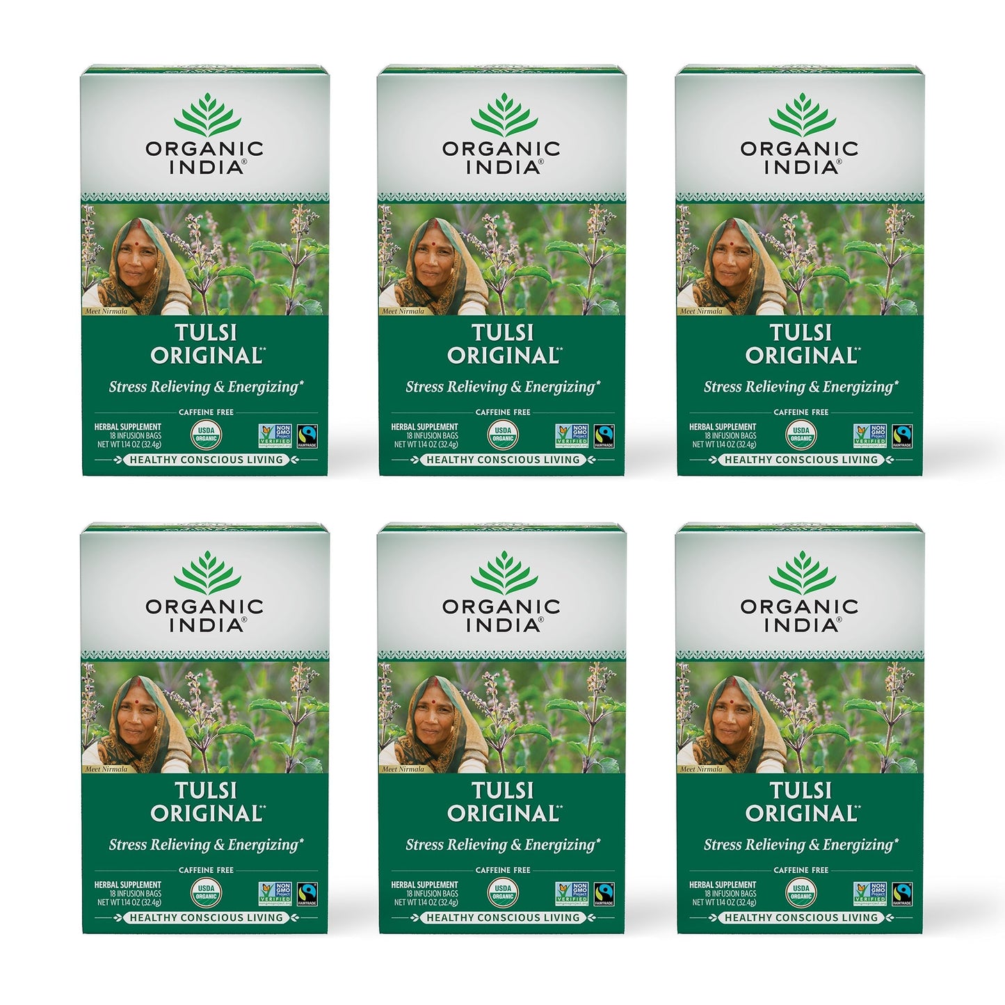 Organic India Tulsi Herbal Tea - Stress Relieving, Immune Support, Vegan, Gluten-Free - 18 Infusion Bags, 6 Pack