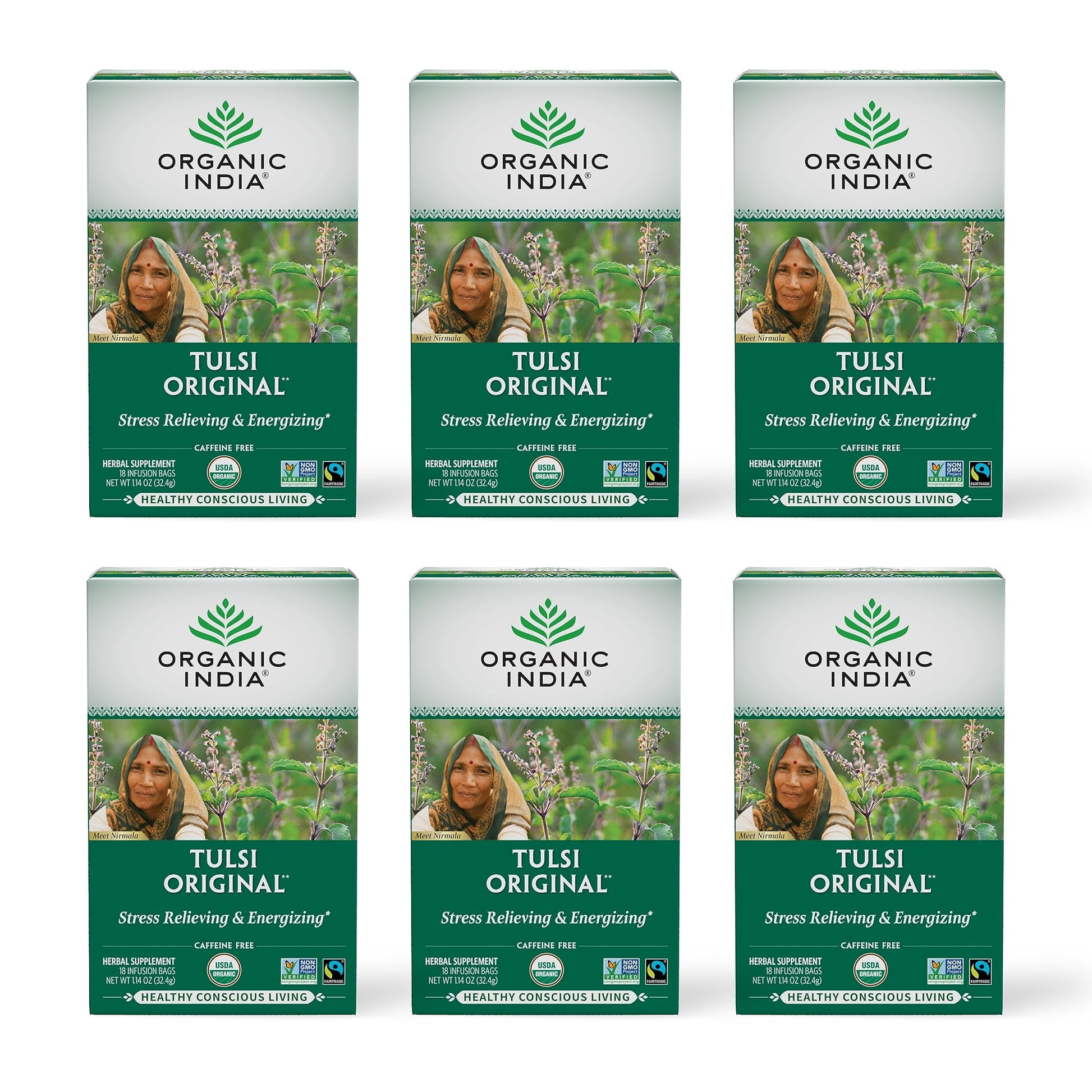 Organic India Tulsi Herbal Tea - Stress Relieving, Immune Support, Vegan, Gluten-Free - 18 Infusion Bags, 6 Pack