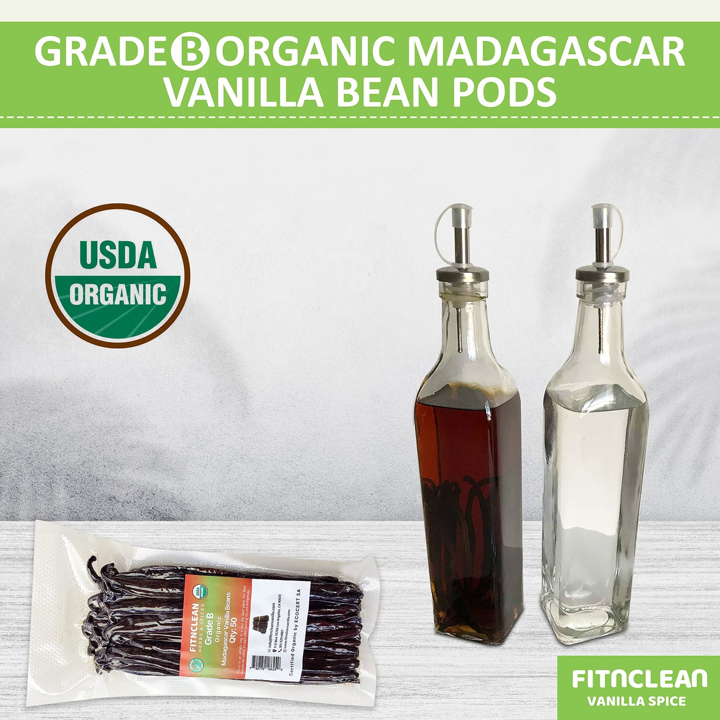 FITNCLEAN Organic Vanilla Beans Grade B, 50 Count, 5-7, Non-GMO spirit-inspired flavor Pods for Extract, Cooking, and Baking