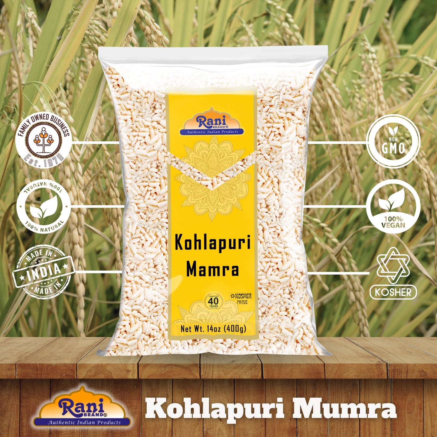 Rani Kohlapuri Mumra (Puffed Rice) 14oz (400g) ~ All Natural | No Color | Gluten Friendly | Vegan | NON-GMO | Kosher | No Salt o