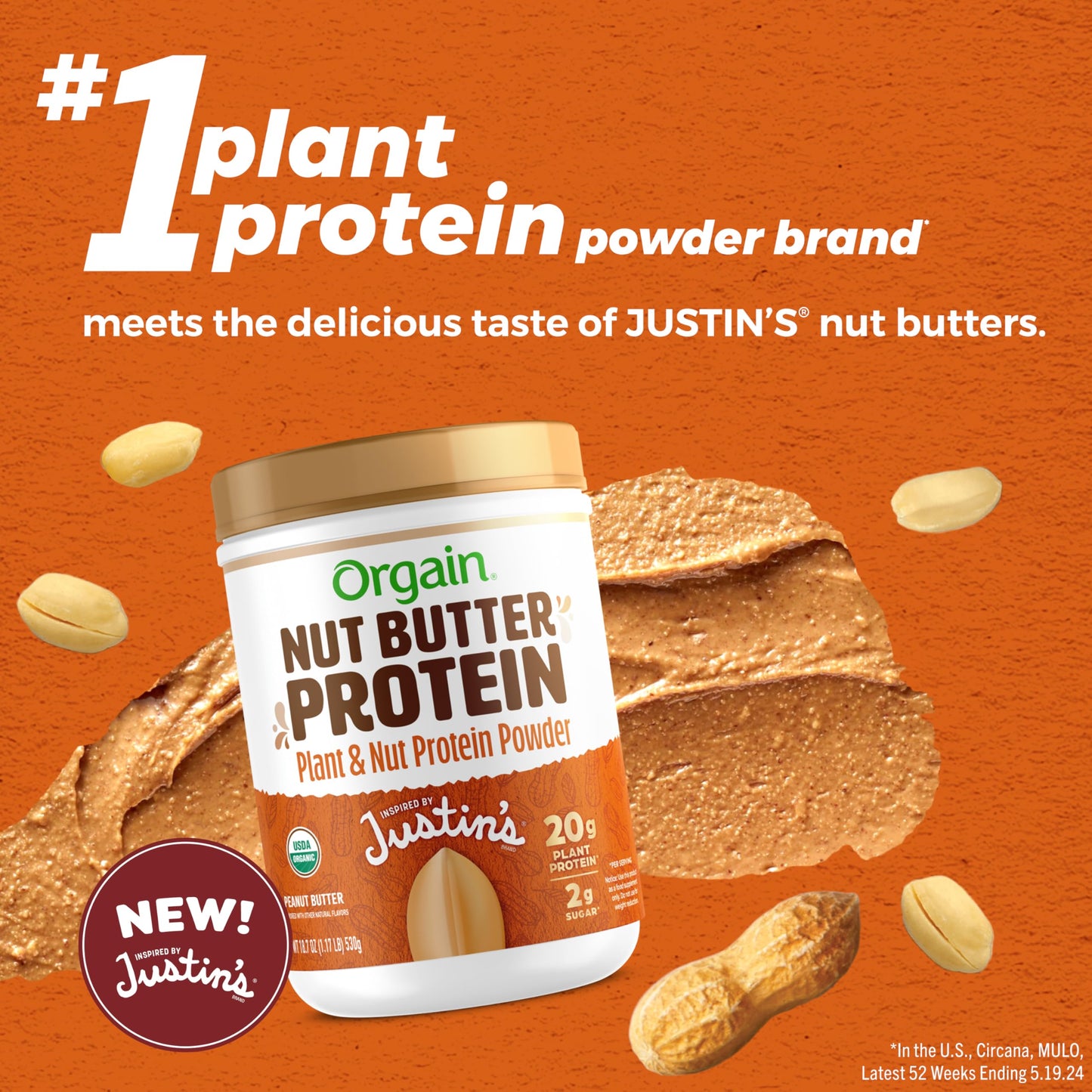 Orgain X Justin'S  Organic Vegan Nut Butter Protein Powder, Peanut Butter- 20G Plant Protein, 2G Sugar, Gluten Free, No Dairy, S