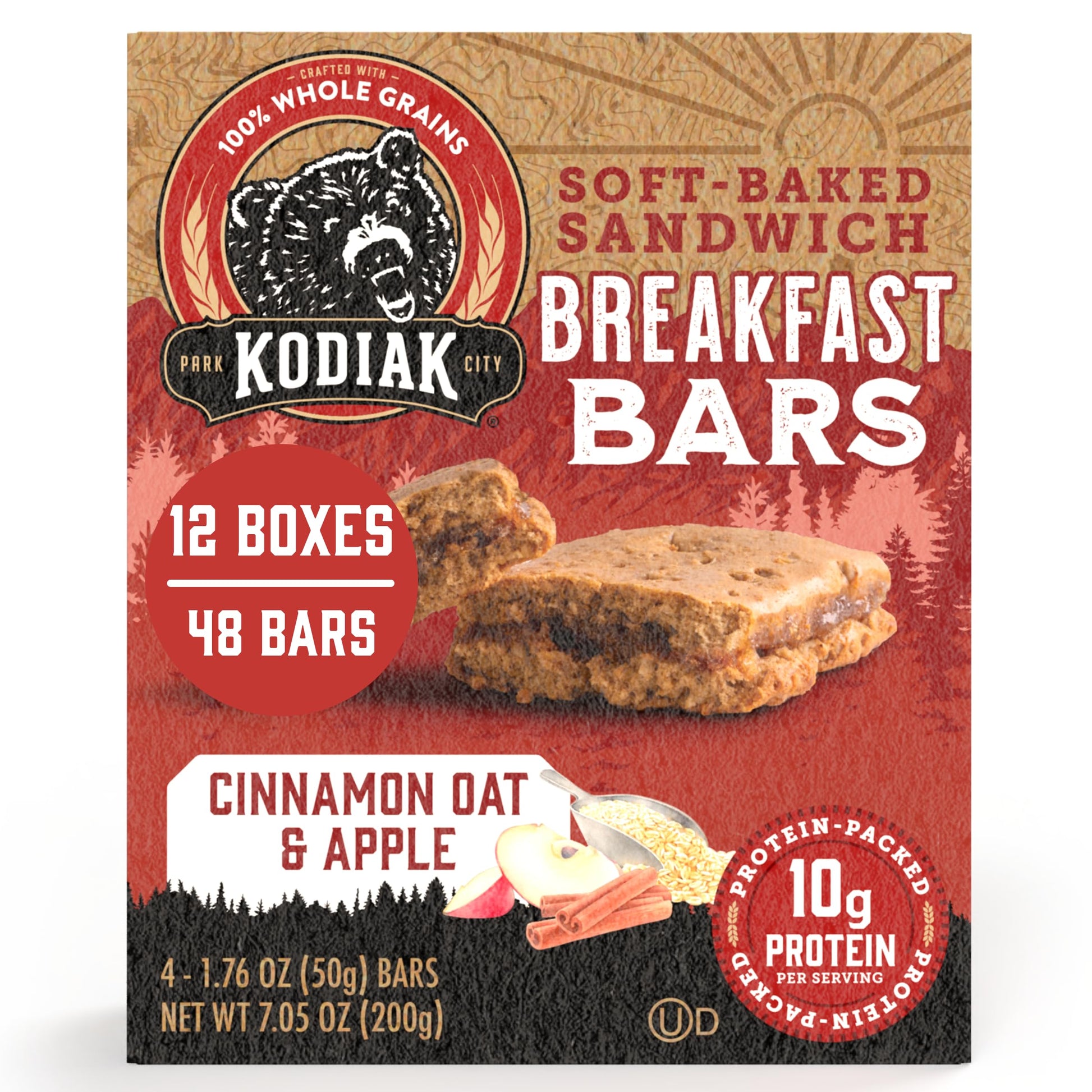 Kodiak Cakes Soft Baked Sandwich Breakfast Bar, Cinnamon Oat & Apple, High Protein, 100% Whole Grains, 12 boxes with 4 bars each