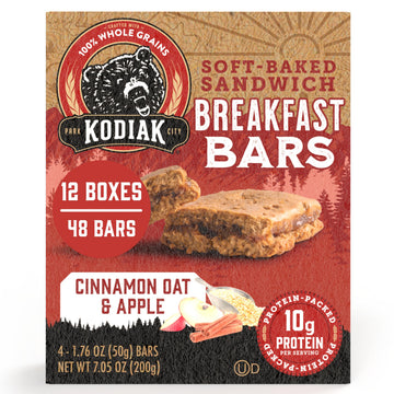 Kodiak Cakes Soft Baked Sandwich Breakfast Bar, Cinnamon Oat & Apple, High Protein, 100% Whole Grains, 12 boxes with 4 bars each