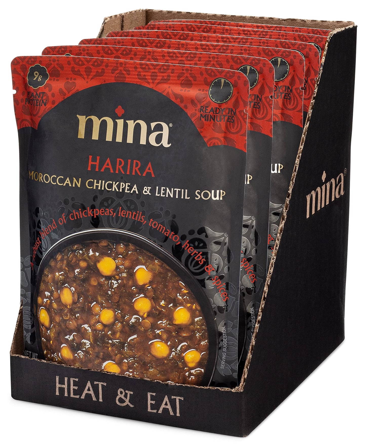 Mina Harira, Moroccan Chickpea & Lentil Soup, Ready To Eat Meals,10 Oz Gluten Free Soup, High In Plant Based Protein, Microwavable Soup, Vegan, Non-Gmo, Packaged Meals & Side Dishes (Pack Of 6)