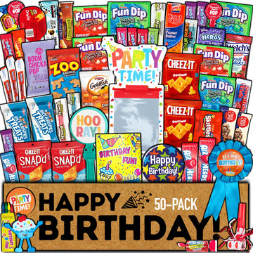 CRAVEBOX Birthday Care Package - 50 Count Assortment of Candy, Toys, Snacks, Cookies, and Chips for Party and College Kids Teens