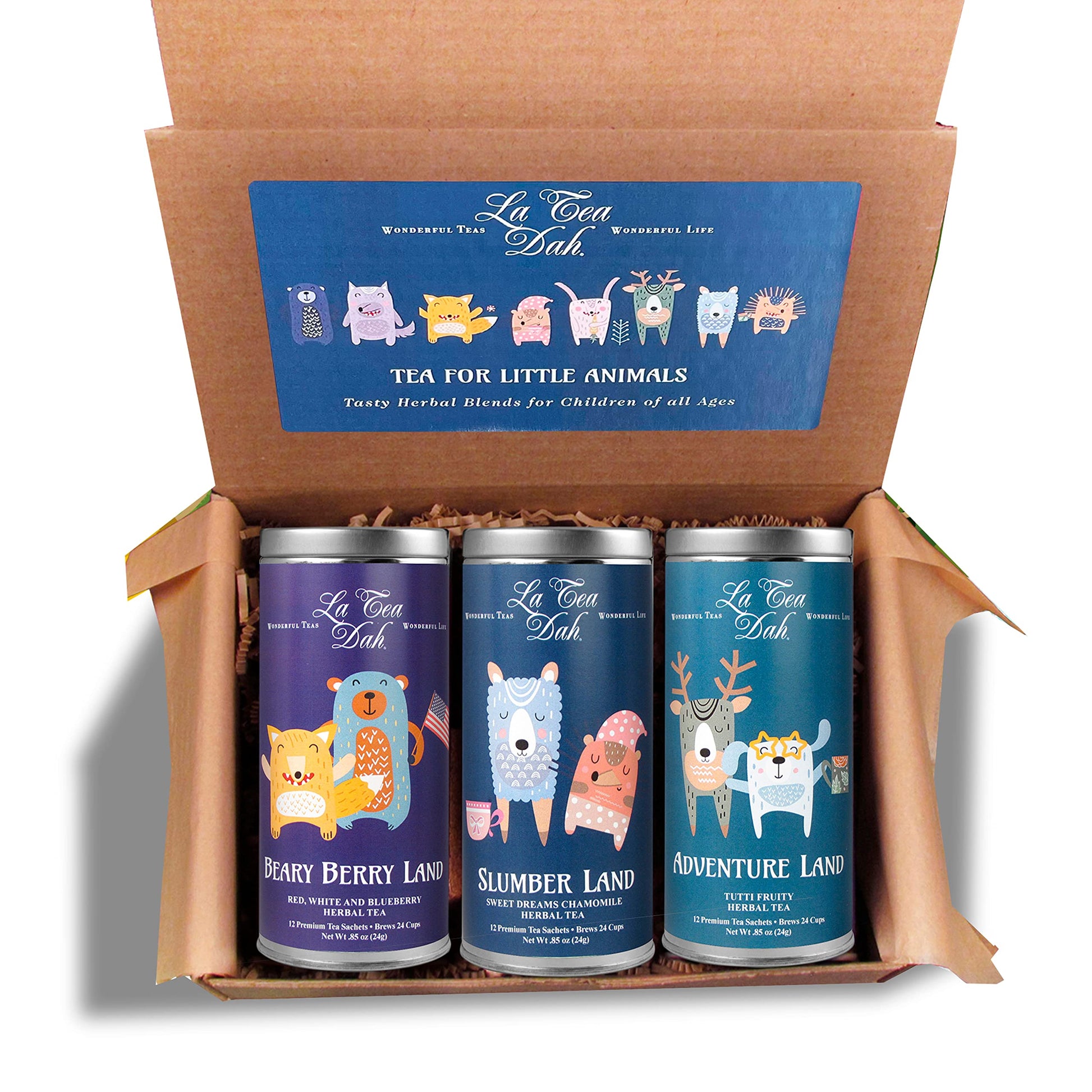 La Tea Dah Little Animals Tea Gift Basket, Caffeine Free Herbal Tea Sampler for Kids, 36 Decaf Sachets
