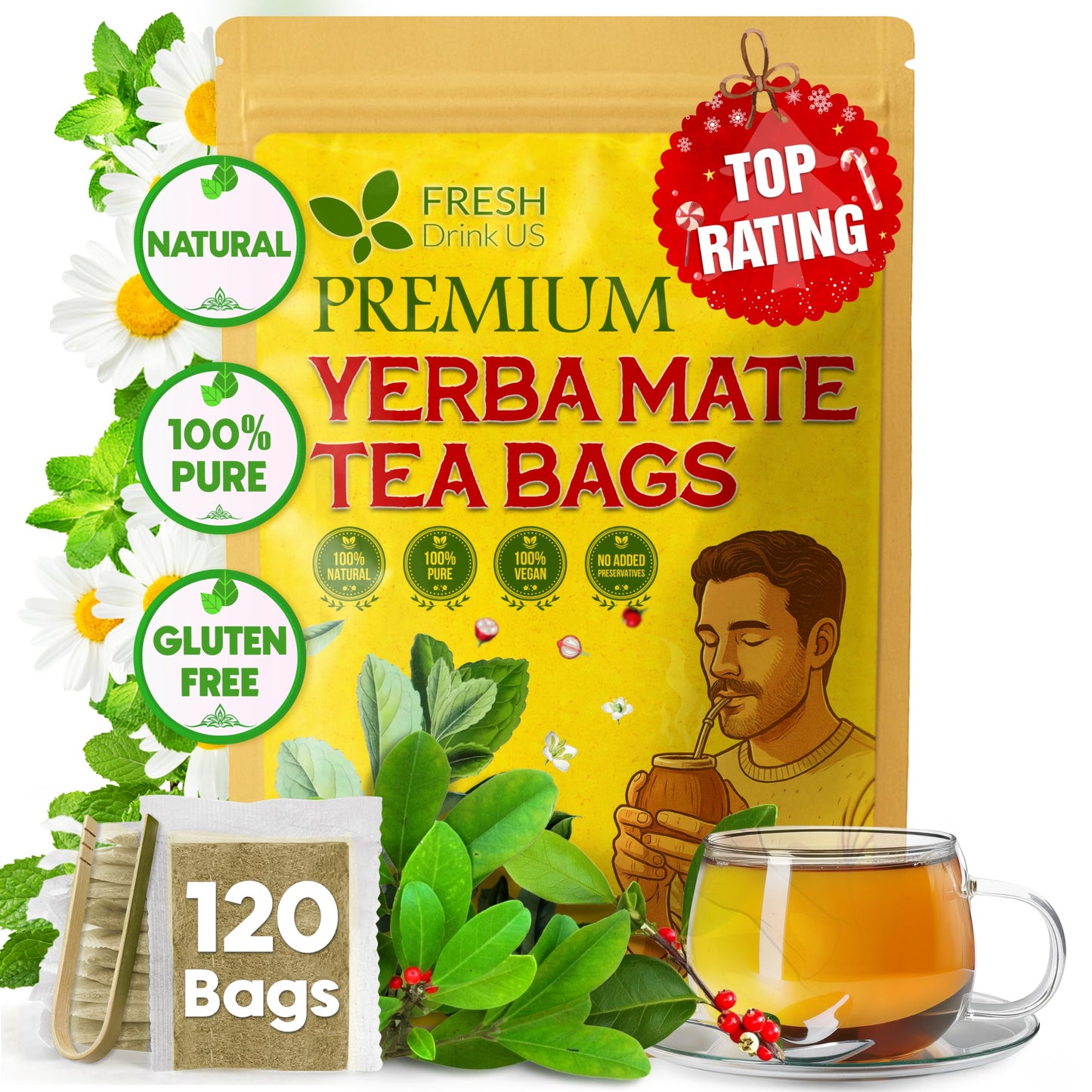 FreshDrinkUS  Yerba Mate Tea Bags | 120 Tea Bags | Traditional South American Herbal Tea - Smooth & Refreshing Flavor - enhanced Quality  Sustainably Sourced. Vegan.