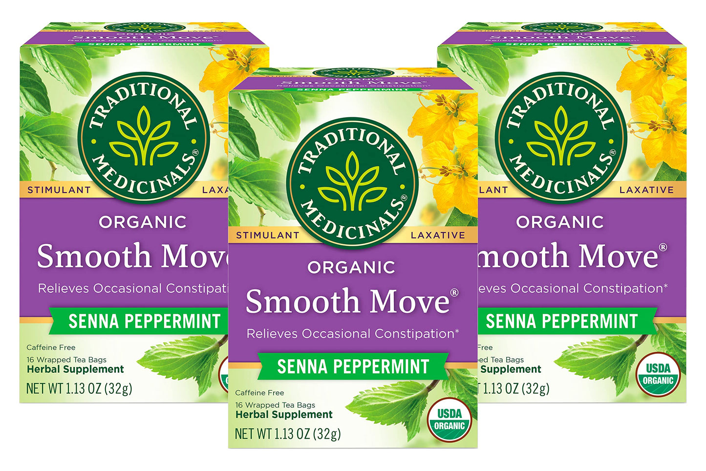 Traditional Medicinals Organic Smooth Move Senna Peppermint Herbal Tea, Relieves Occasional Constipation, (Pack Of 3) 48 Tea Bag