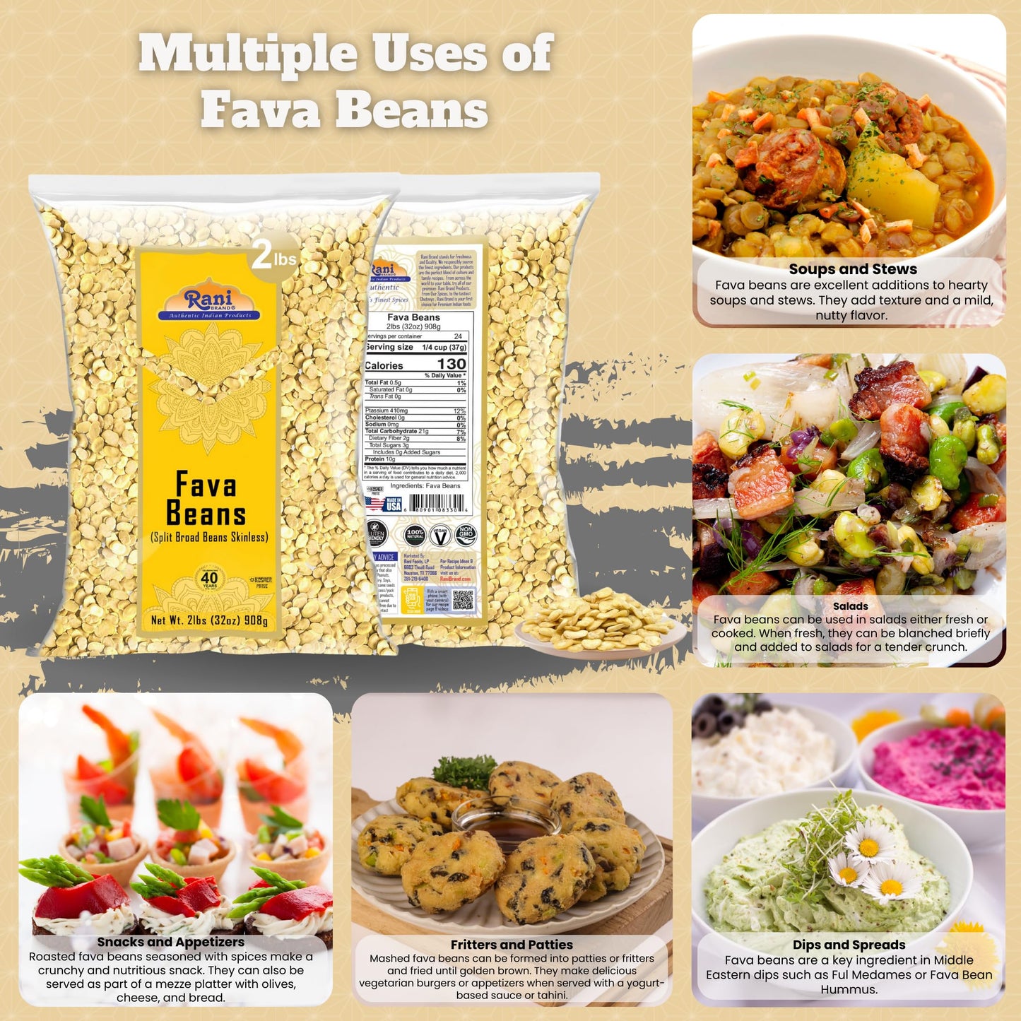 Rani Fava Beans (Split Broad Beans Skinless) 32Oz (2Lbs) 908G ~ All Natural | Gluten Friendly | Non-Gmo | Kosher | Vegan | Produ
