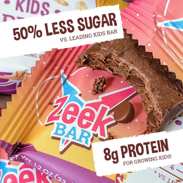 ZEEK BAR - Kids Protein Bars - 50% Less Sugar, 8g Protein - All Natural, Non-GMO, Gluten Free - Variety, 12 Count