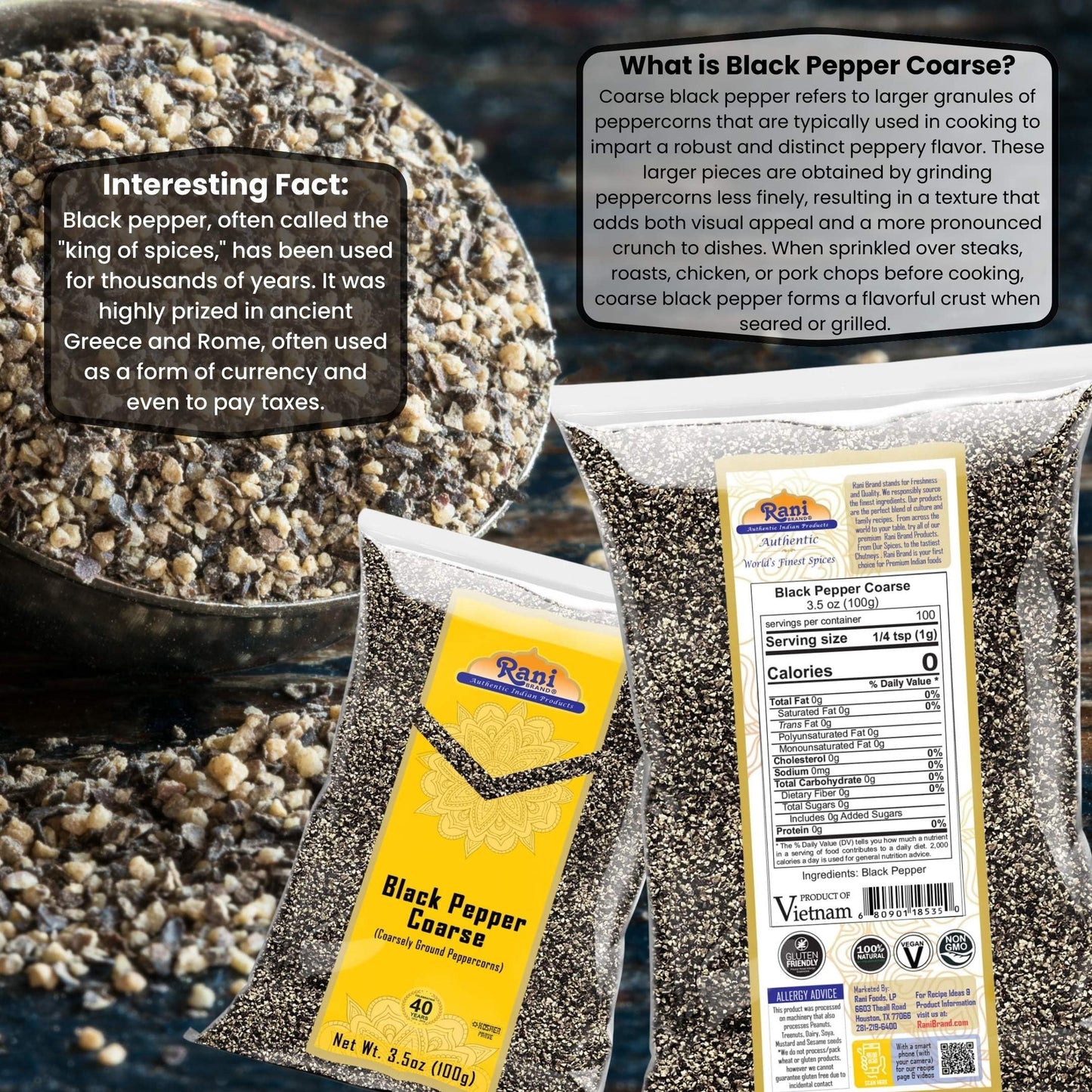 Rani Black Pepper Coarse Ground 28 Mesh (Table Grind) 3.5Oz (100G) ~ All Natural | Vegan | Gluten Friendly | Non-Gmo | Kosher |