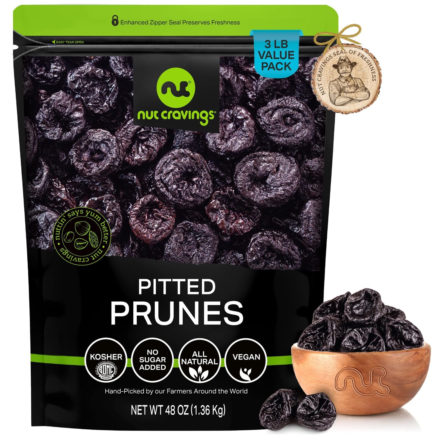Dried Prunes Pitted Unsweetened, Dry Plums No Sugar Added (48Oz - 3 Lb) Packed Fresh In Resealable Bag - Sweet Fruit Snack Treat